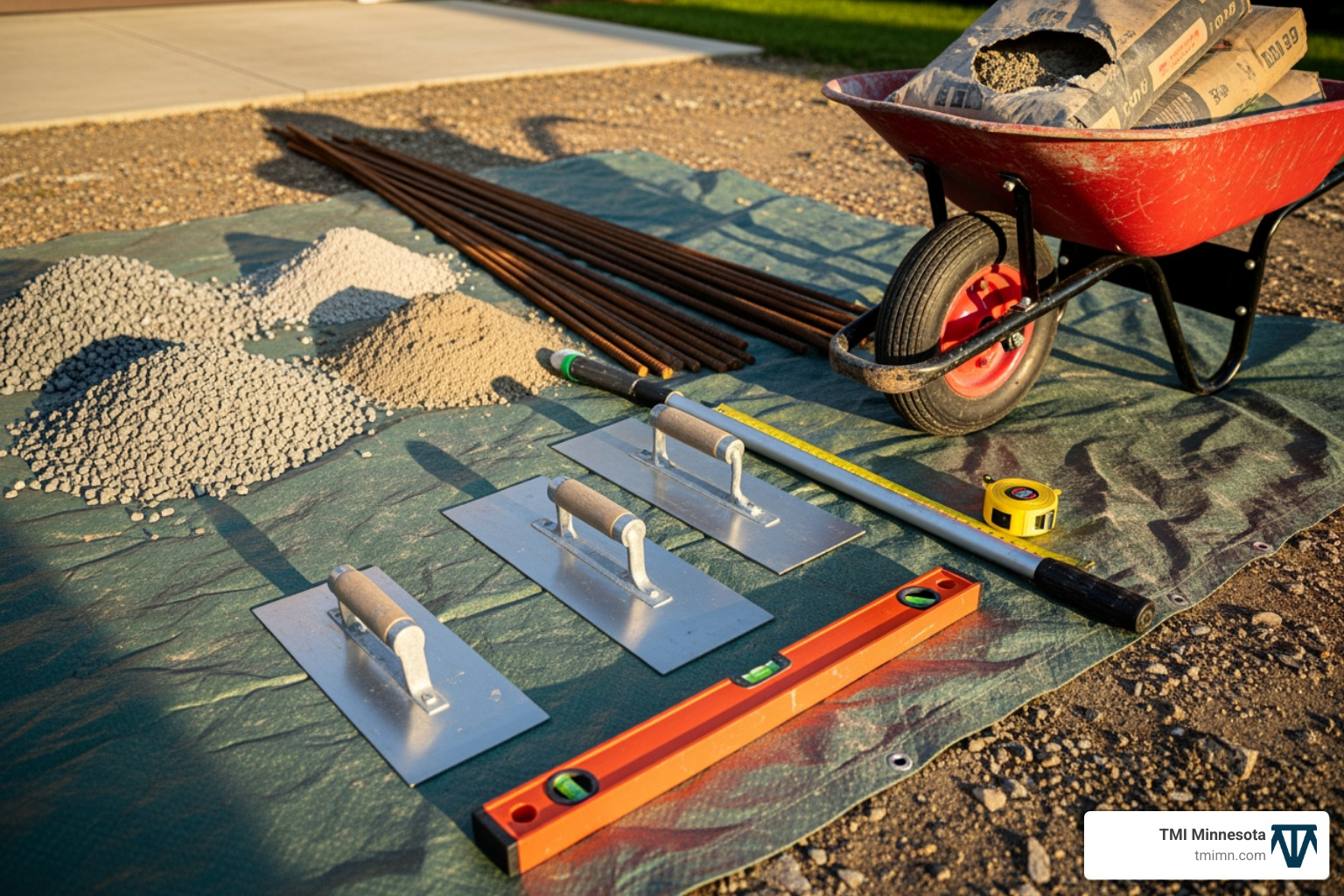 tools and materials for a concrete project laid out - Small concrete driveway