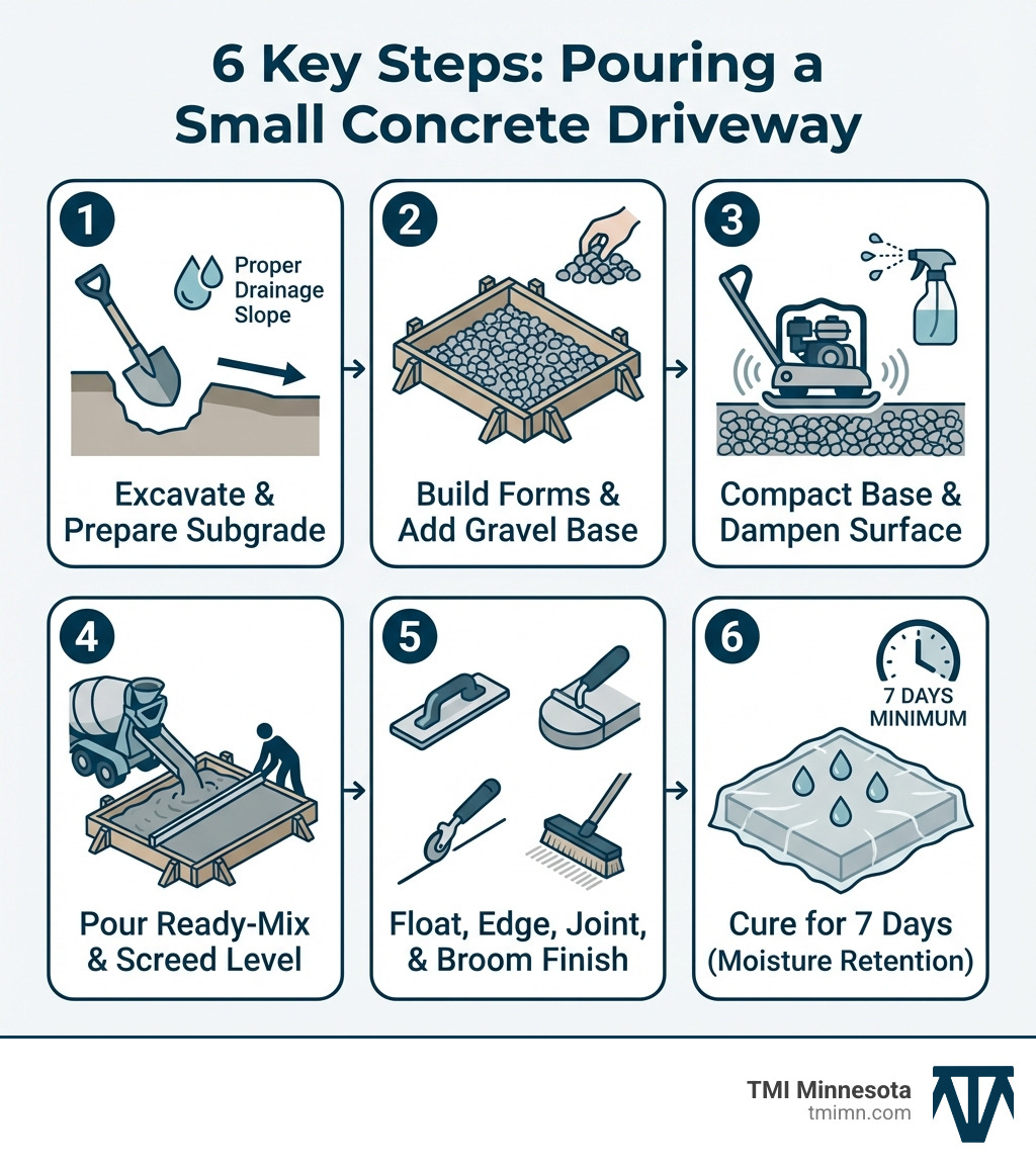 Infographic showing the 6 key steps of pouring a concrete driveway: 1. Excavate and prepare subgrade with proper drainage slope, 2. Build wooden forms and add gravel base, 3. Compact base and dampen surface, 4. Pour ready-mix concrete and screed level, 5. Float, edge, joint, and broom finish surface, 6. Cure for minimum 7 days with moisture retention - Small concrete driveway infographic 