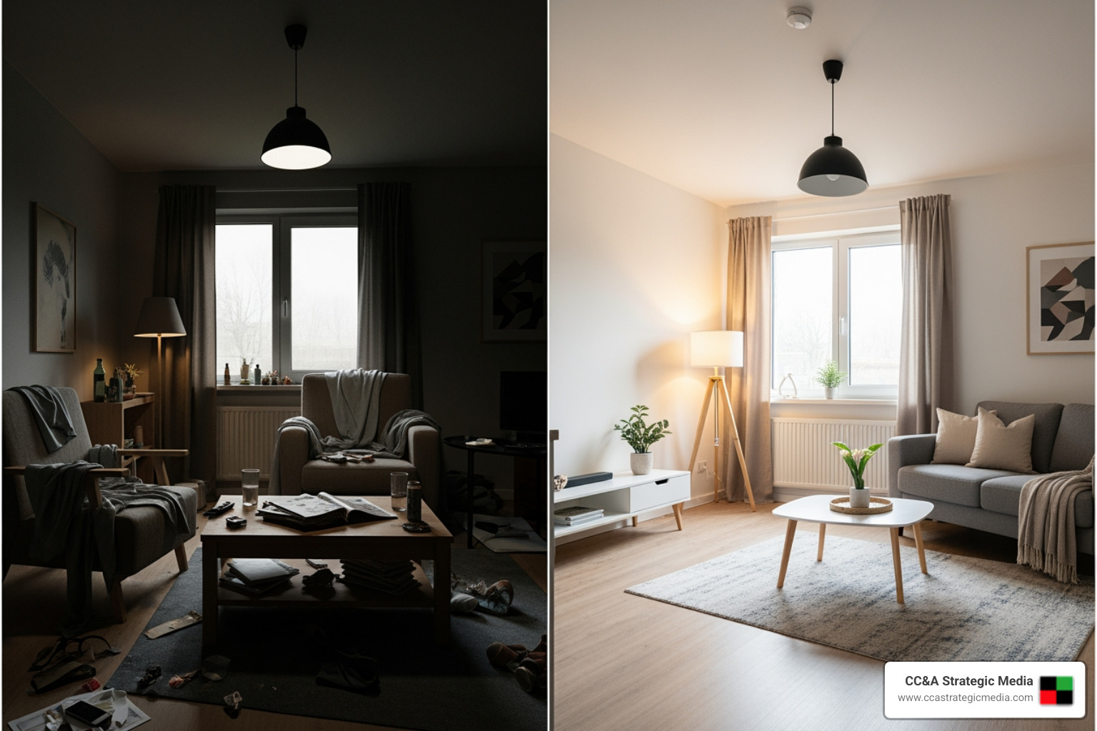 Poorly lit and cluttered rental unit photo next to a bright, clean, and professionally staged rental unit photo - Attract new tenants Poorly lit and cluttered rental unit photo next to a bright, clean, and professionally staged rental unit photo - Attract new tenants