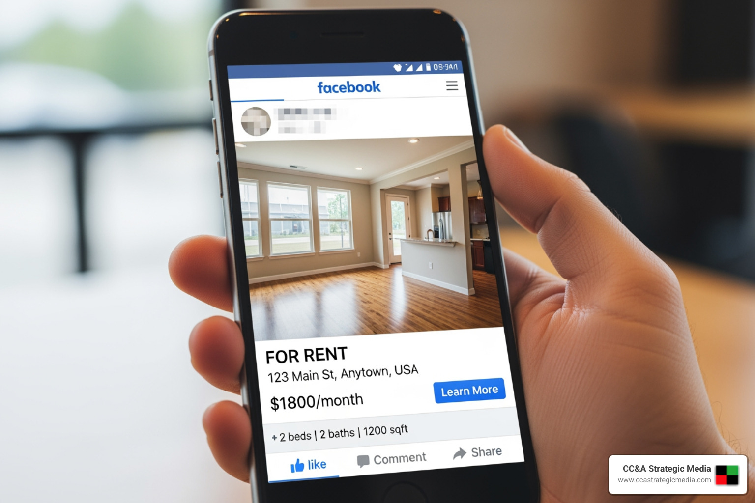Smartphone displaying a targeted Facebook ad for a rental property - Attract new tenants Smartphone displaying a targeted Facebook ad for a rental property - Attract new tenants