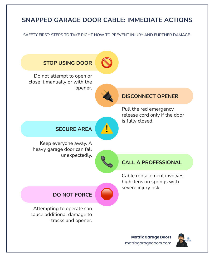 infographic showing garage door cable system components including torsion springs mounted above the door, lift cables running from bottom brackets up through drums on each side, extension springs with retaining cables running through them, and labels indicating where cables typically fail due to wear, rust, or spring breakage - cable snapped on garage door infographic infographic-line-5-steps-colors