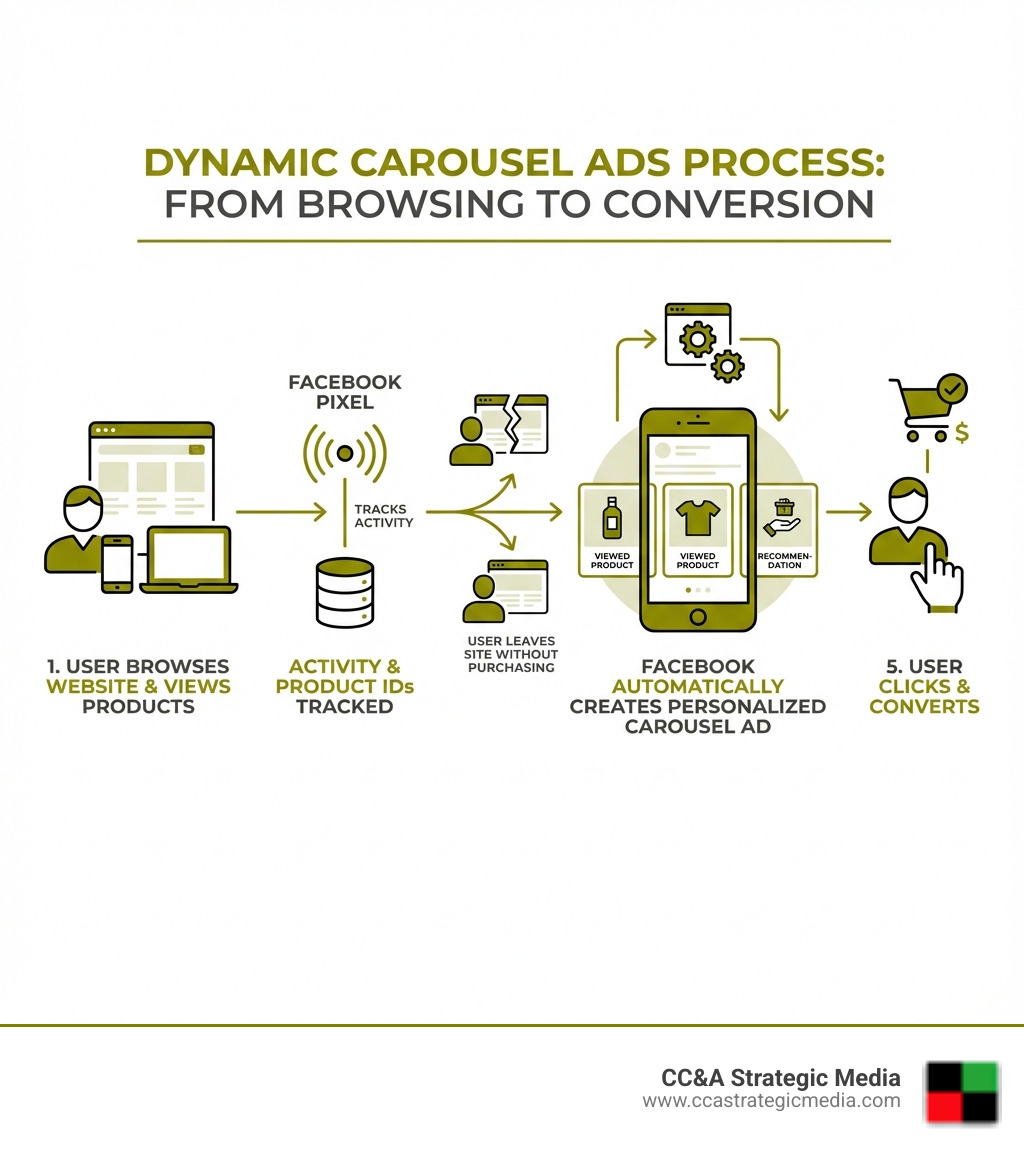 infographic showing the dynamic carousel ads process: user browses website and views products, facebook pixel tracks their activity and product IDs, user leaves site without purchasing, facebook automatically creates personalized carousel ad featuring products they viewed plus recommendations, user clicks and converts - dynamic carousel ads facebook infographic infographic showing the dynamic carousel ads process: user browses website and views products, facebook pixel tracks their activity and product IDs, user leaves site without purchasing, facebook automatically creates personalized carousel ad featuring products they viewed plus recommendations, user clicks and converts - dynamic carousel ads facebook infographic