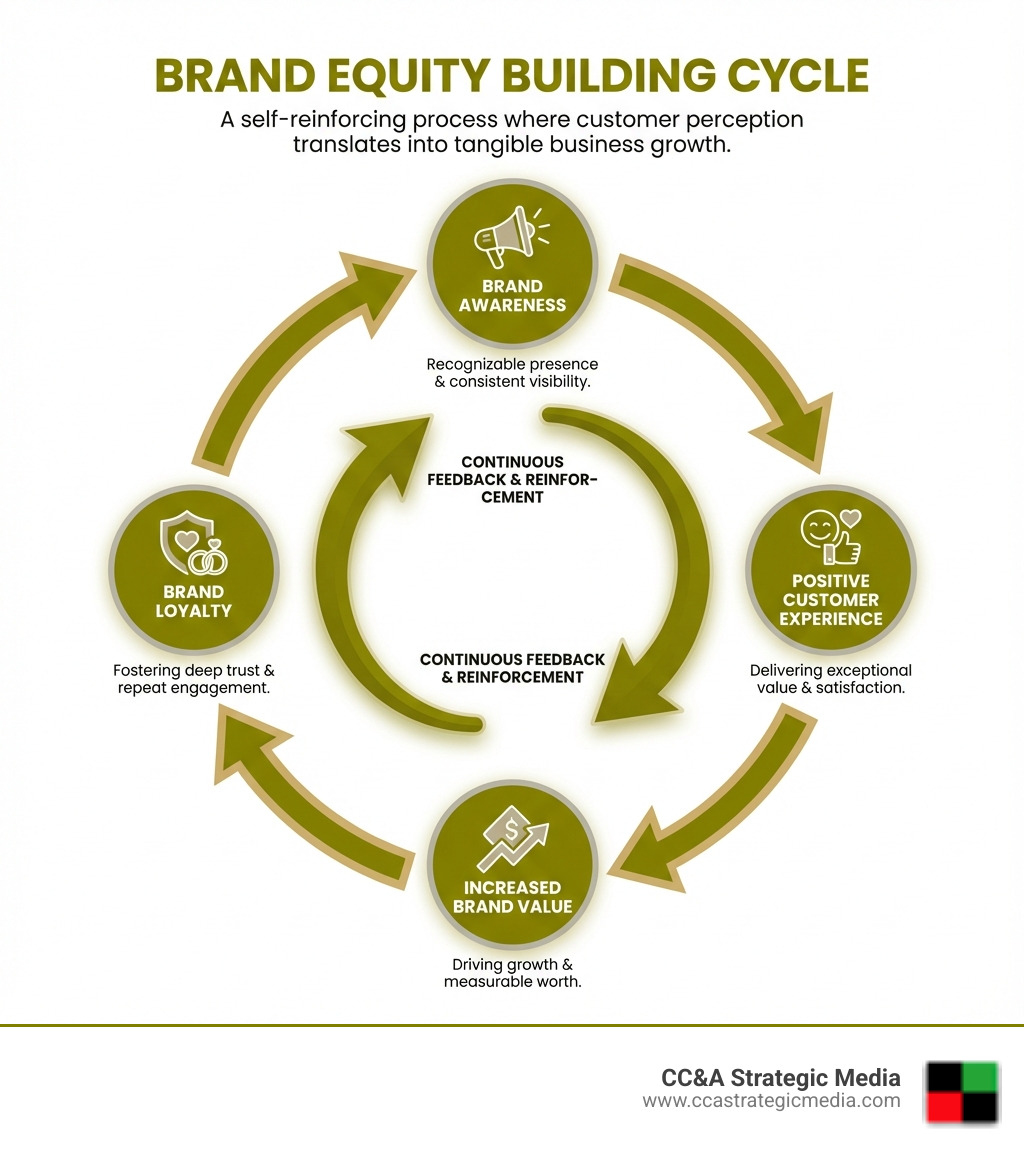 Brand equity building cycle showing the progression from Brand Awareness through Positive Customer Experience to Brand Loyalty and finally to Increased Brand Value, with arrows indicating continuous feedback and reinforcement - Brand equity building infographic Brand equity building cycle showing the progression from Brand Awareness through Positive Customer Experience to Brand Loyalty and finally to Increased Brand Value, with arrows indicating continuous feedback and reinforcement - Brand equity building infographic