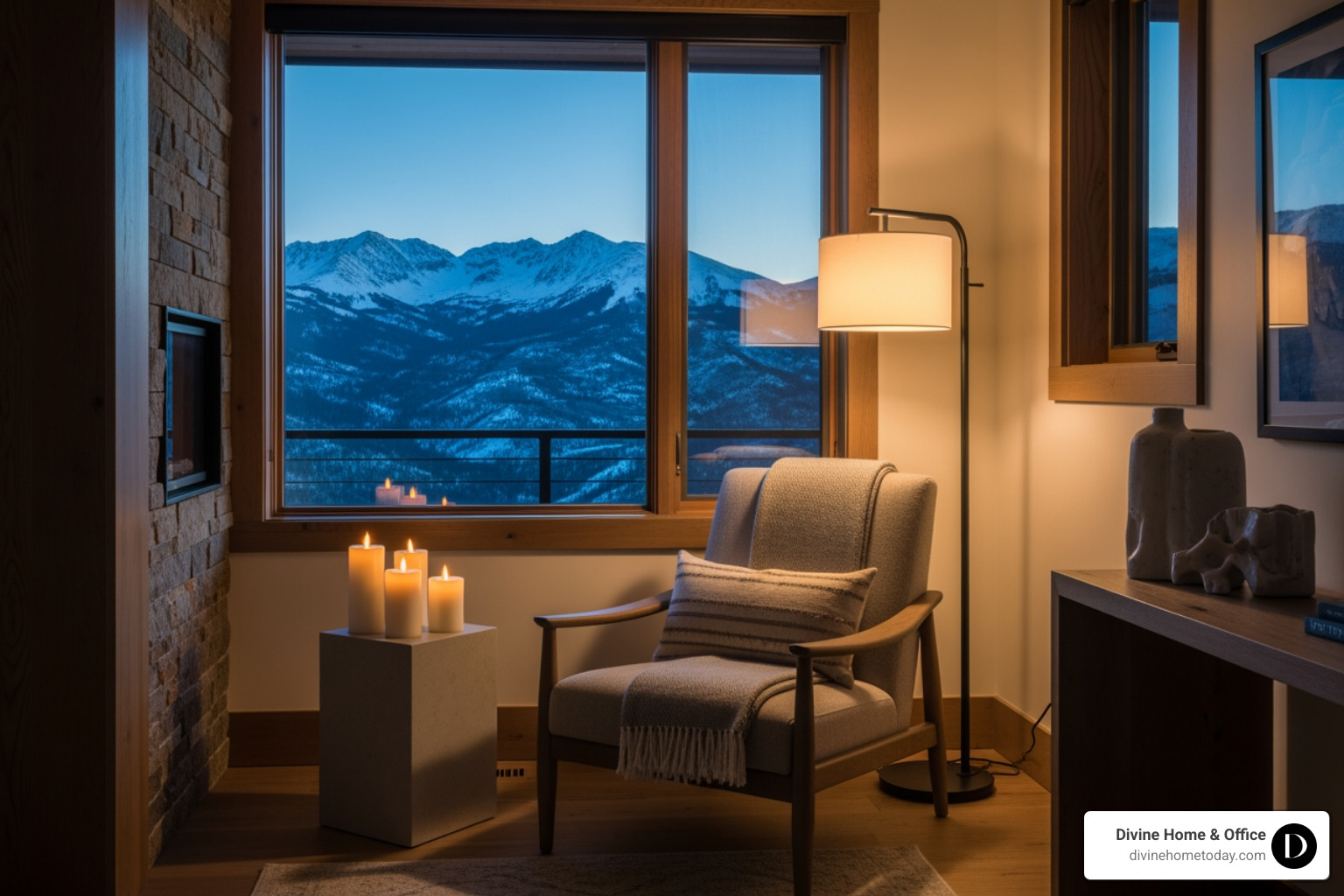 Cozy reading nook in the evening, lit by a warm floor lamp and several flickering LED candles on a side table, with a mountain view outside - cozy winter decor