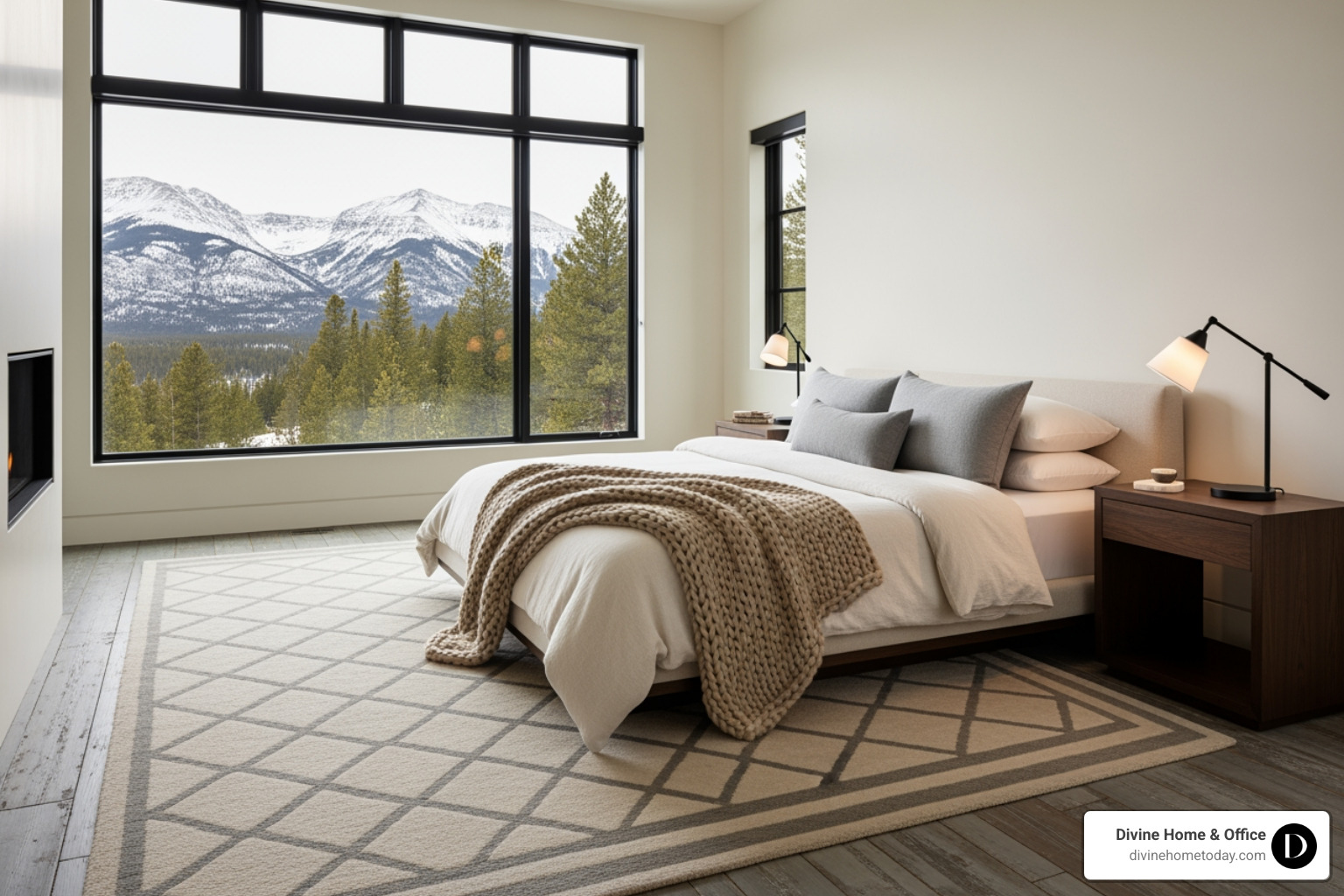 Serene bedroom decorated in shades of cream, beige, and soft gray, with varied textures in the bedding and rug, large window with a mountain view - cozy winter decor