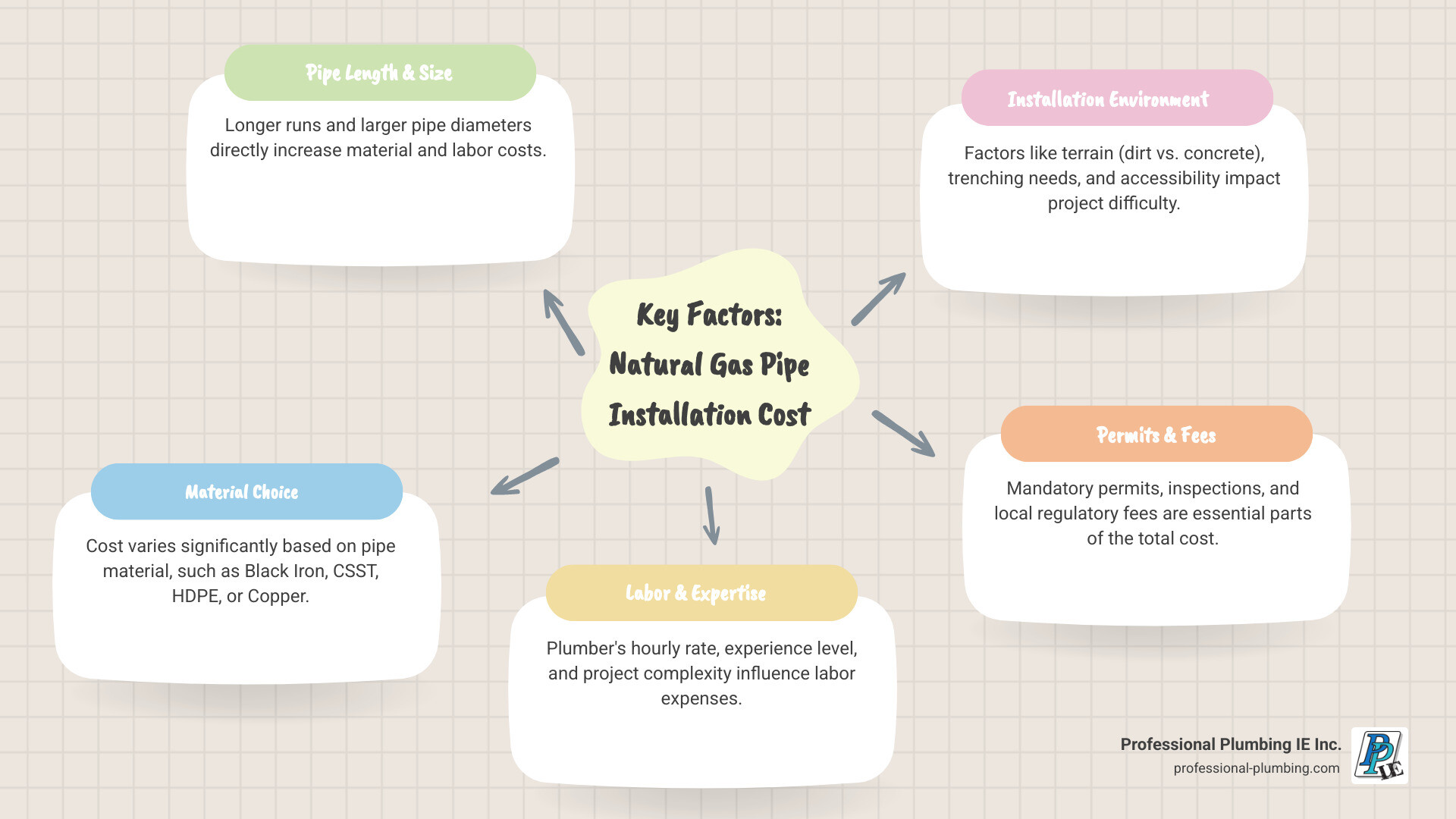 Infographic showing the four key factors affecting natural gas pipe installation cost: pipe length and diameter, material type (black iron, CSST, HDPE, copper), labor rates and expertise level, and installation location including terrain difficulty and trenching requirements - natural gas pipe installation cost infographic mindmap-5-items Infographic showing the four key factors affecting natural gas pipe installation cost: pipe length and diameter, material type (black iron, CSST, HDPE, copper), labor rates and expertise level, and installation location including terrain difficulty and trenching requirements - natural gas pipe installation cost infographic mindmap-5-items
