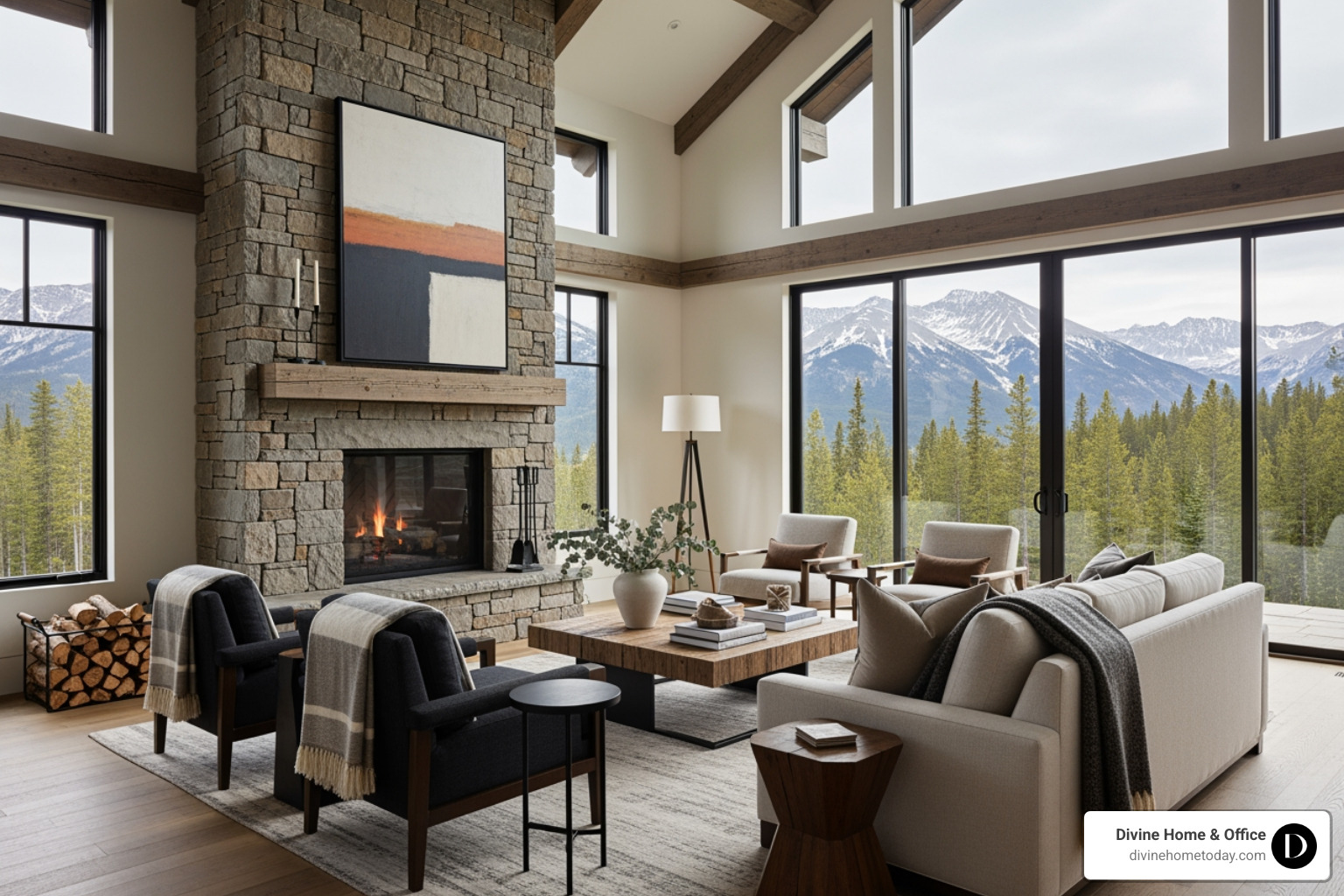 Luxury Colorado mountain living room with stone fireplace, timber beams, warm wood floors, natural textures, floor-to-ceiling windows with mountain views, modern rustic decor, soft bright light, polished and inviting feel, no English or Victorian styles. - cozy winter decor