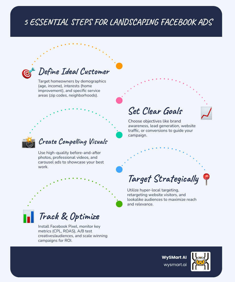 Infographic showing 5 essential steps for landscaping Facebook ads: 1. Define your ideal customer (homeowners, demographics, service area), 2. Set clear campaign goals (awareness, leads, traffic), 3. Create compelling visuals (before/after photos, videos), 4. Target strategically (location, interests, retargeting), 5. Track and optimize (Facebook Pixel, A/B testing, scale winners) - Facebook ads for landscapers infographic infographic-line-5-steps-blues-accent_colors