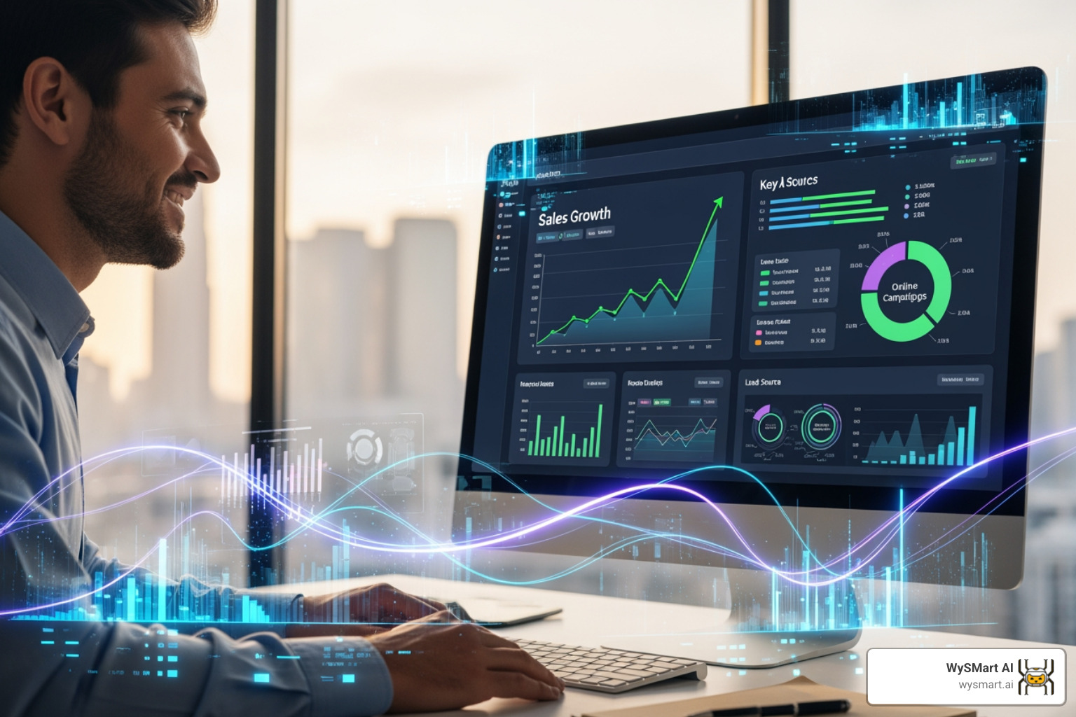 A small business owner happily reviewing an analytics dashboard showing increased leads and sales, with subtle AI overlay graphics. - Conversion rate optimization services