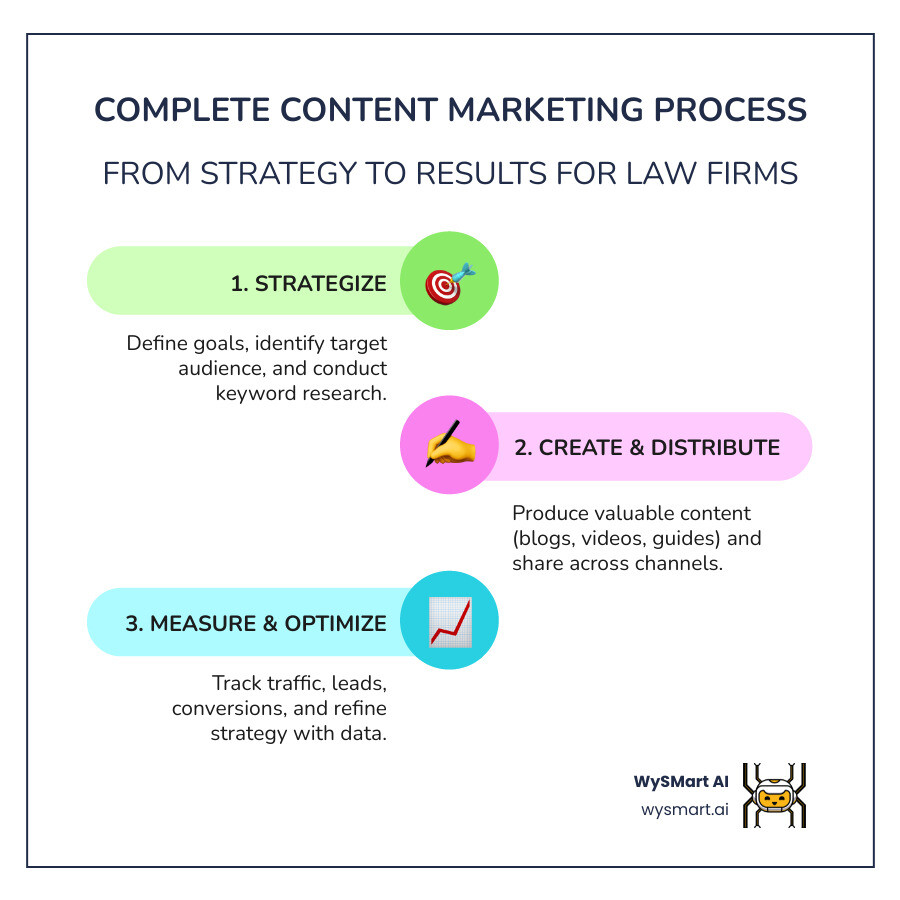 Infographic illustrating the client journey from Awareness to Retention, with content types tailored to each stage. Awareness: Blog posts, social media, explainer videos. Consideration: Ebooks, case studies, webinars, detailed articles. Conversion: Testimonials, FAQs, free consultations. Retention: Newsletters, follow-up content, community engagement. - Content marketing law firms infographic infographic-line-3-steps-colors