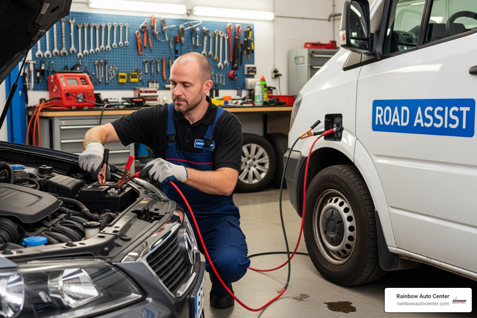 technician jump-starting a car battery - 24 hour towing services