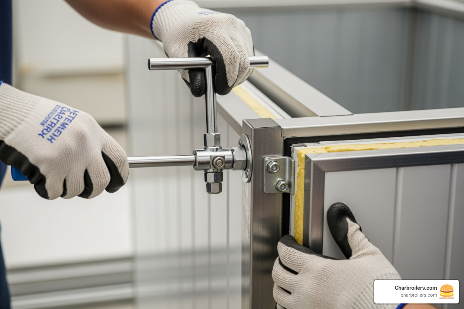 two installers locking wall panels together using a cam wrench - walk in fridge installation two installers locking wall panels together using a cam wrench - walk in fridge installation