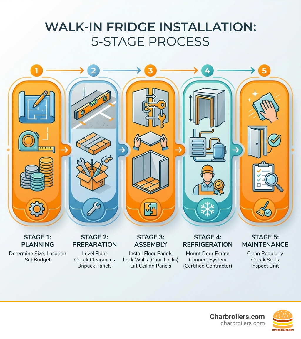 Infographic showing the 5 main stages of walk-in fridge installation: Stage 1 - Planning (determine size, location, budget), Stage 2 - Preparation (level floor, check clearances, unpack panels), Stage 3 - Assembly (install floor panels, lock walls with cam-locks, lift ceiling panels), Stage 4 - Refrigeration (mount door frame, connect cooling system by certified contractor), Stage 5 - Maintenance (clean regularly, check seals, inspect refrigeration unit) - walk in fridge installation infographic Infographic showing the 5 main stages of walk-in fridge installation: Stage 1 - Planning (determine size, location, budget), Stage 2 - Preparation (level floor, check clearances, unpack panels), Stage 3 - Assembly (install floor panels, lock walls with cam-locks, lift ceiling panels), Stage 4 - Refrigeration (mount door frame, connect cooling system by certified contractor), Stage 5 - Maintenance (clean regularly, check seals, inspect refrigeration unit) - walk in fridge installation infographic