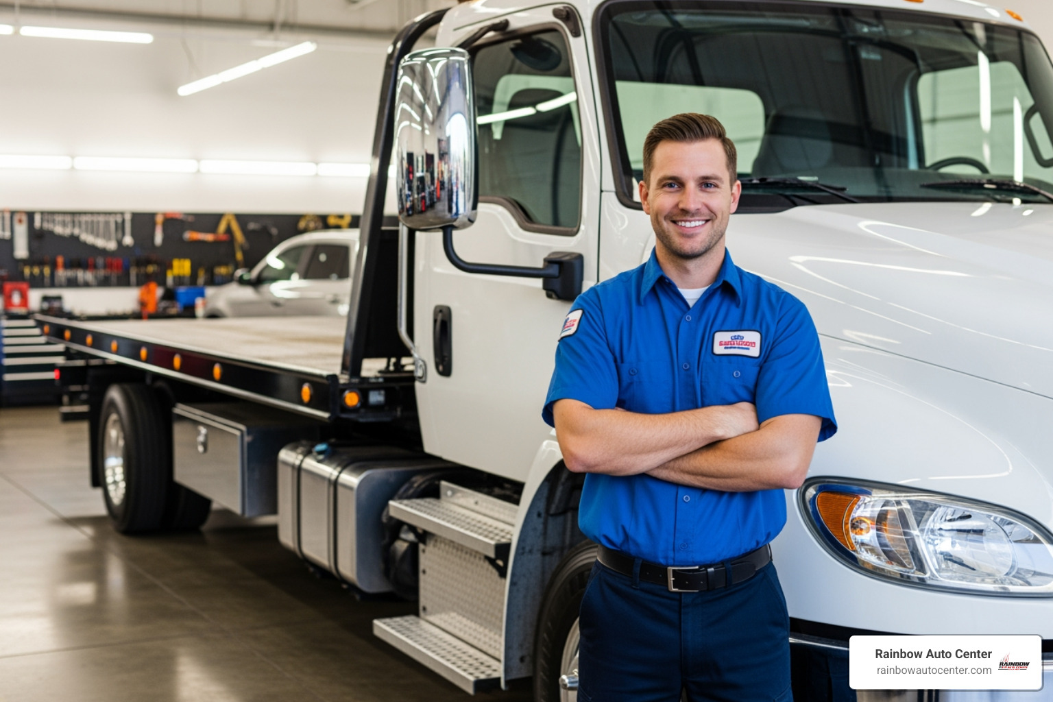 friendly, uniformed Rainbow Auto Center tow truck driver with their truck - 24 hour towing services
