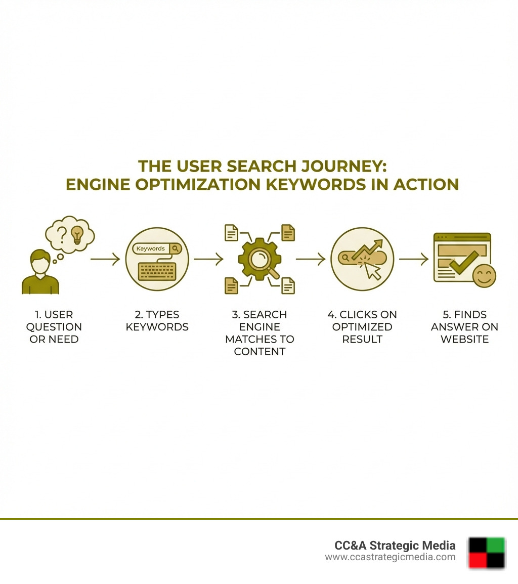 infographic showing the user search journey: user has a question or need, types keywords into search engine, search engine matches keywords to relevant content, user clicks on optimized result, user finds answer on website - engine optimization keywords infographic infographic showing the user search journey: user has a question or need, types keywords into search engine, search engine matches keywords to relevant content, user clicks on optimized result, user finds answer on website - engine optimization keywords infographic