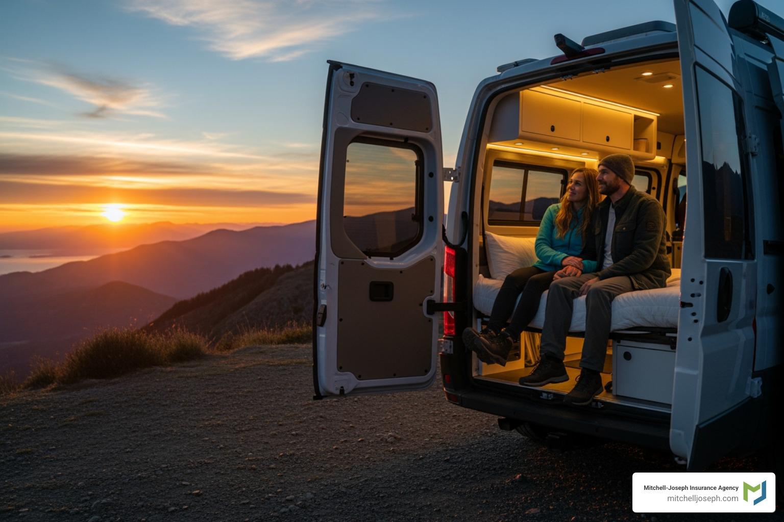couple enjoying sunset from open door of class b rv - class b rv