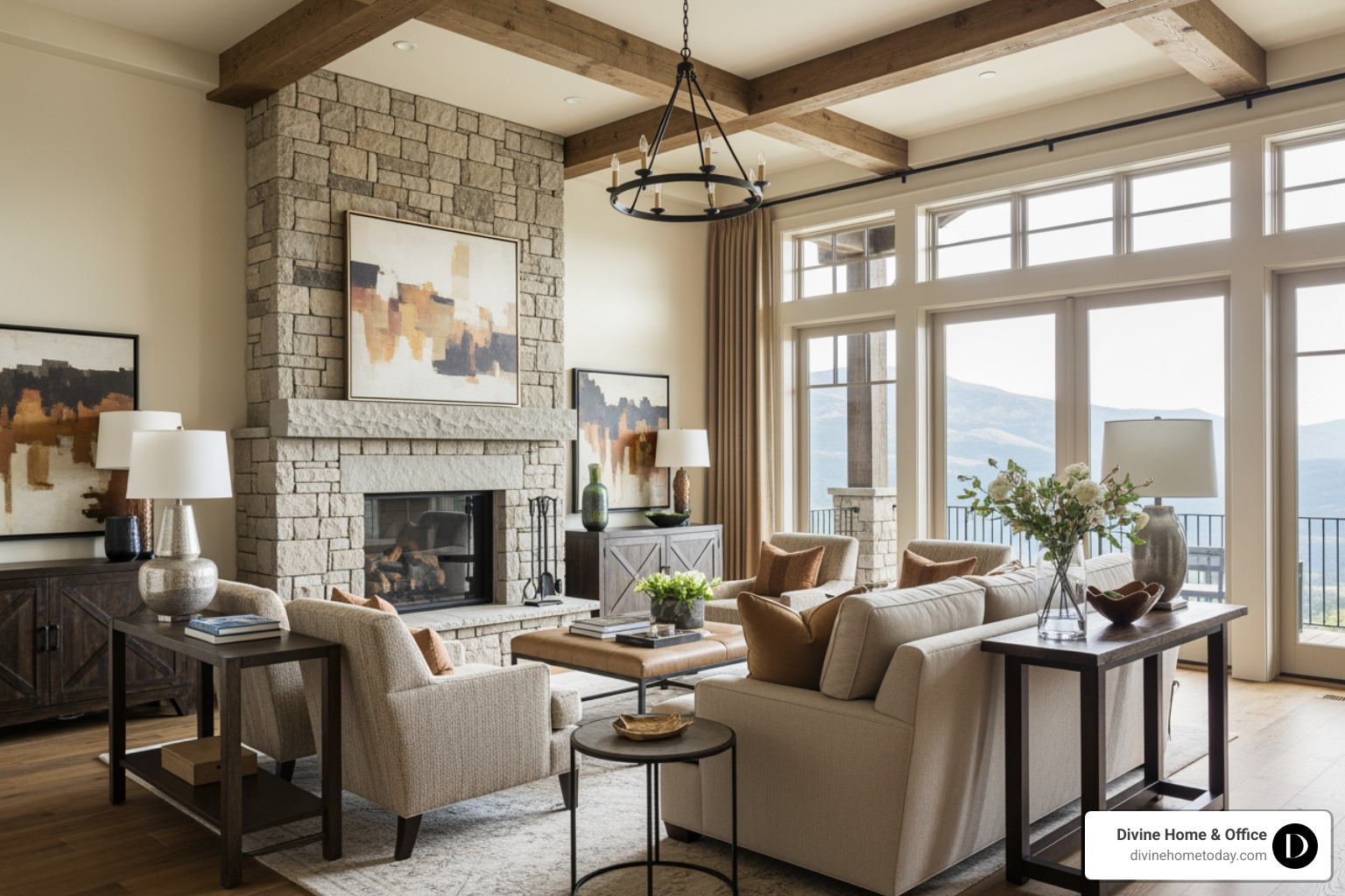 Luxury Colorado mountain living room with a warm neutral color palette including cream walls, a beige sofa, and earthy accent colors, stone fireplace, timber beams, warm wood floors, natural textures, floor-to-ceiling windows with mountain views, soft bright light, polished and inviting feel, no English or Victorian styles. - cozy modern
