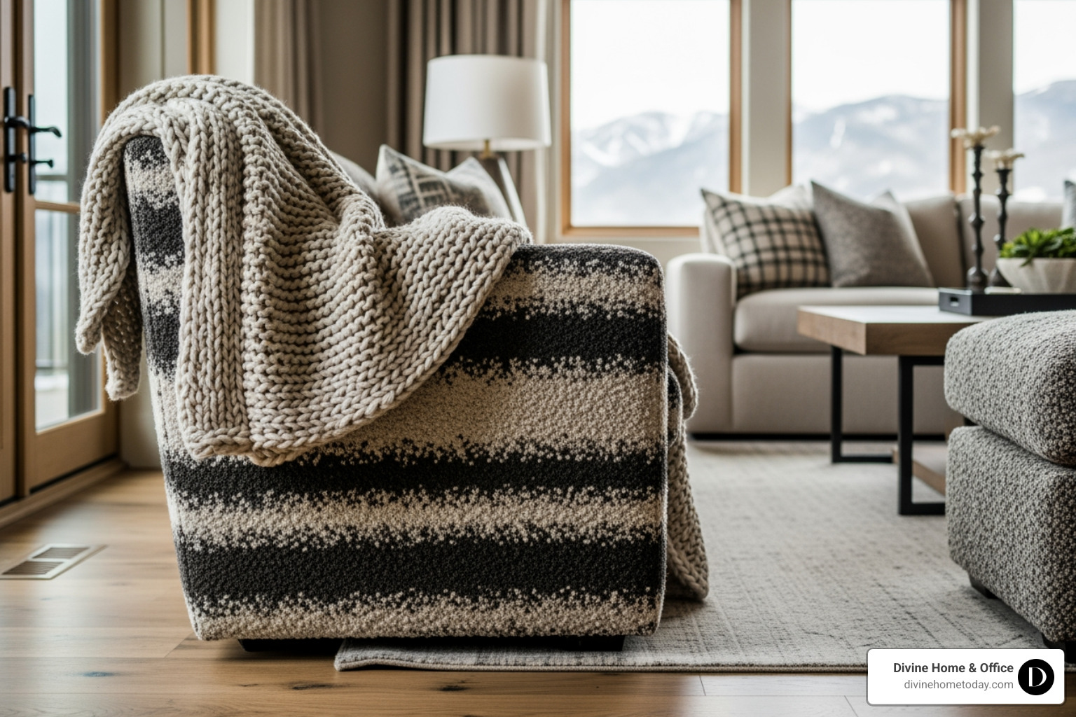 Luxury Colorado mountain living room with a close-up shot showing layered textiles like a chunky knit throw over a boucle armchair, warm wood floors, natural textures, floor-to-ceiling windows with mountain views, soft bright light, polished and inviting feel, no English or Victorian styles. - cozy modern