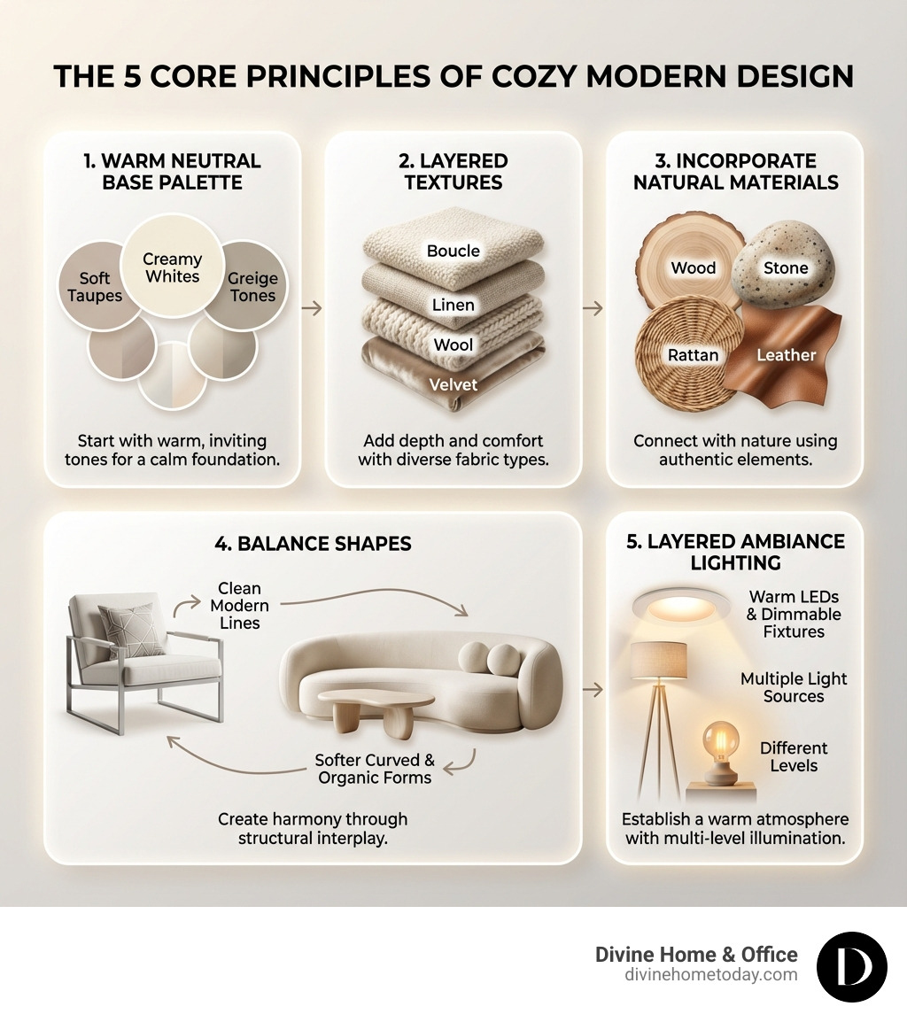 Infographic showing the 5 core principles of cozy modern design: 1) Start with a warm neutral base palette including creamy whites, soft taupes, and greige tones 2) Layer multiple textures through fabrics like boucle, linen, wool, and velvet 3) Incorporate natural materials such as wood, stone, rattan, and leather 4) Balance clean modern lines with softer curved shapes and organic forms 5) Create ambiance with layered lighting using warm LEDs, dimmable fixtures, and multiple light sources at different levels - cozy modern infographic 