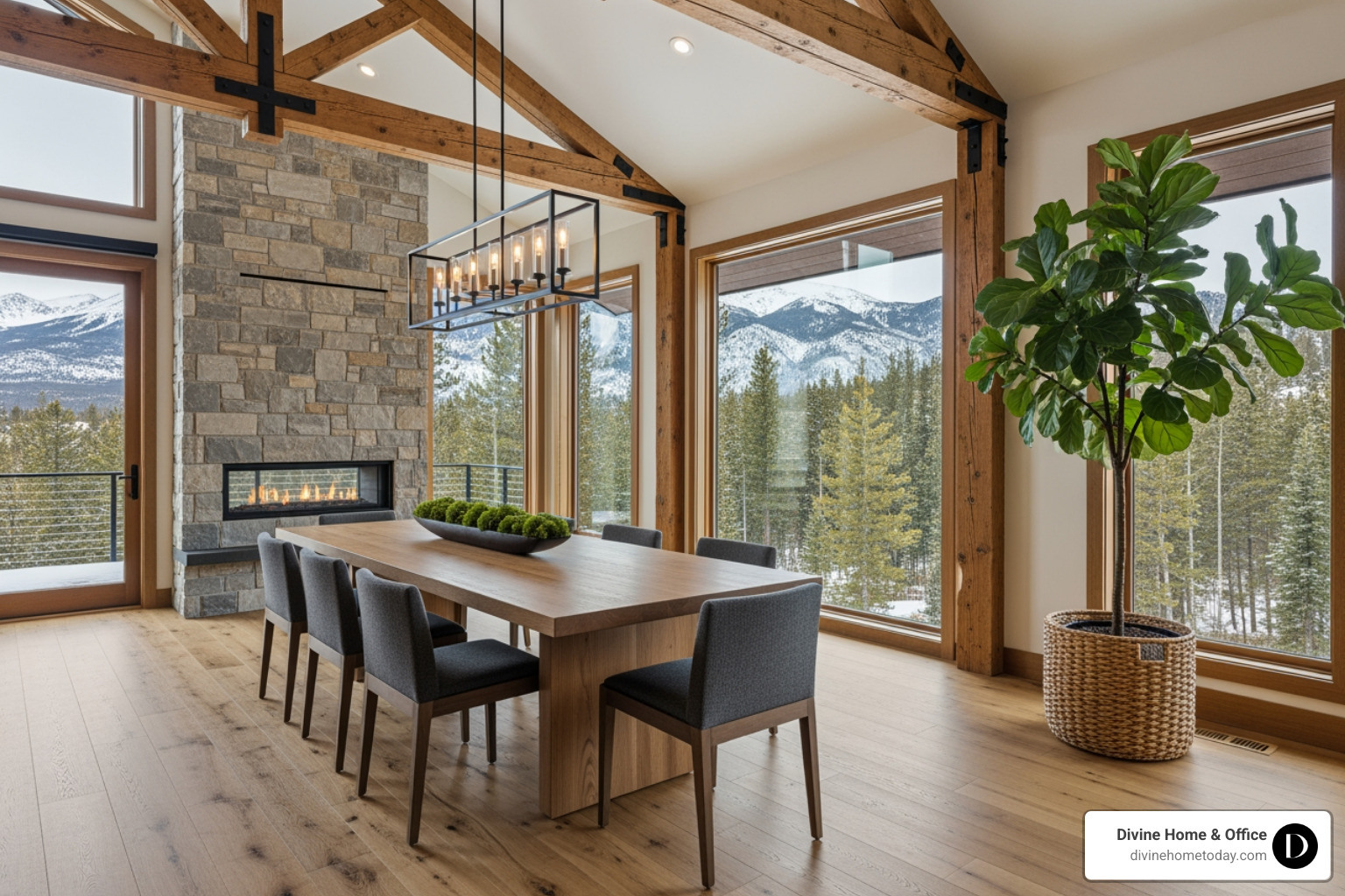 Luxury modern mountain dining room in a Denver home, with a solid oak dining table paired with modern chairs, with a large plant in the corner, exposed timber beams, warm wood floors, natural textures, large windows with Colorado mountain views, bright natural lighting, no Victorian or traditional elements. - cozy modern