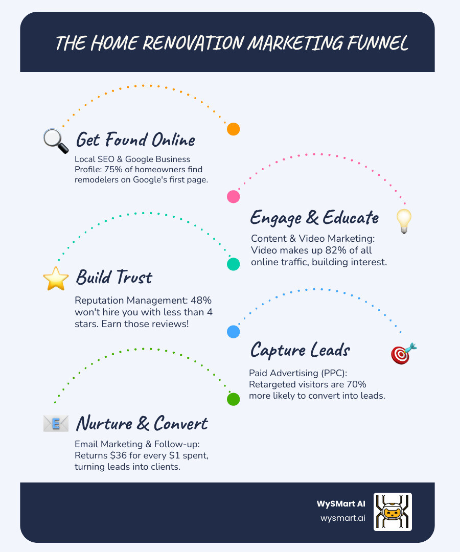 infographic showing the home renovation marketing funnel from local search and social media awareness through website visits and lead capture to consultation booking and project conversion with AI automation touchpoints - Home renovation marketing infographic infographic-line-5-steps-blues-accent_colors