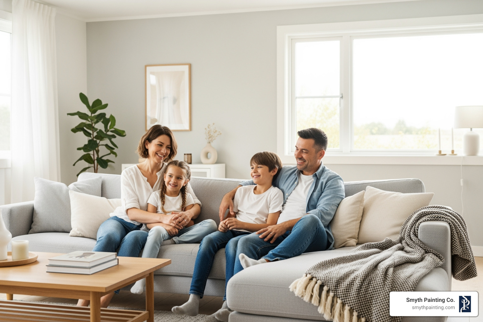 A family enjoying a freshly painted, odorless room - environmentally friendly paint A family enjoying a freshly painted, odorless room - environmentally friendly paint