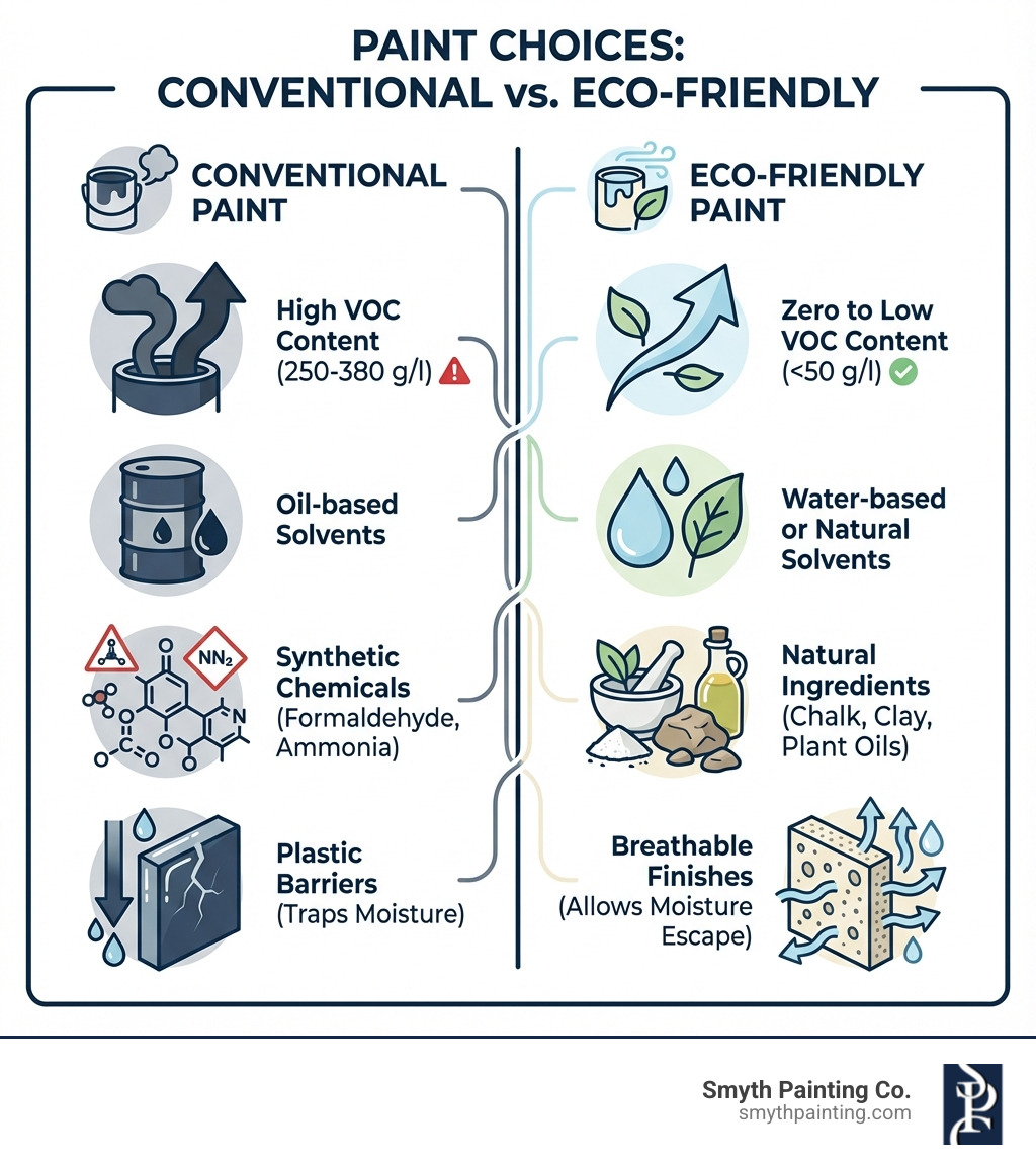 Infographic comparing conventional paint components (high VOC content 250-380 g/l, oil-based solvents, synthetic chemicals including formaldehyde and ammonia, plastic barriers on walls) versus eco-friendly paint components (zero to low VOC content under 50 g/l, water-based or natural solvents, natural ingredients like chalk clay and plant oils, breathable finishes that allow moisture escape) - environmentally friendly paint infographic Infographic comparing conventional paint components (high VOC content 250-380 g/l, oil-based solvents, synthetic chemicals including formaldehyde and ammonia, plastic barriers on walls) versus eco-friendly paint components (zero to low VOC content under 50 g/l, water-based or natural solvents, natural ingredients like chalk clay and plant oils, breathable finishes that allow moisture escape) - environmentally friendly paint infographic