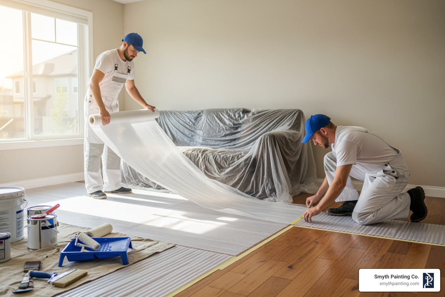 Painters carefully covering furniture and floors with plastic sheeting - Ceiling painting service
