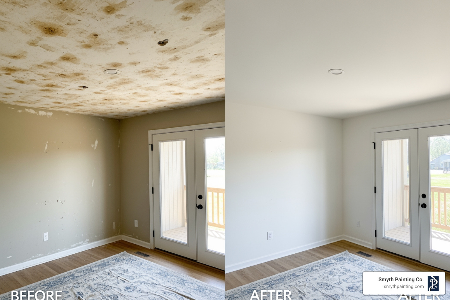 Before-and-after comparison of a room with a newly painted ceiling - Ceiling painting service