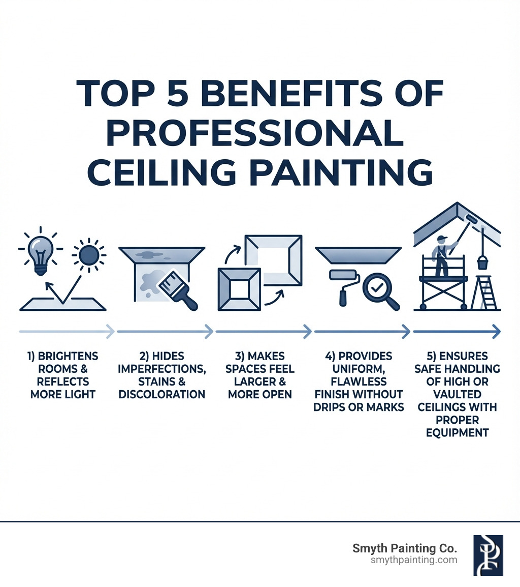 Infographic showing the top 5 benefits of professional ceiling painting: 1) Brightens rooms and reflects more light, 2) Hides imperfections, stains, and discoloration, 3) Makes spaces feel larger and more open, 4) Provides uniform, flawless finish without drips or marks, 5) Ensures safe handling of high or vaulted ceilings with proper equipment - Ceiling painting service infographic 