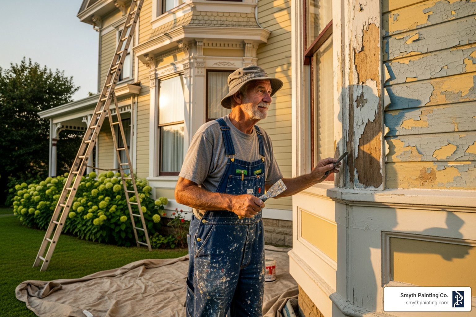 painter inspecting peeling paint on a historic home's exterior - Historic home painting painter inspecting peeling paint on a historic home's exterior - Historic home painting