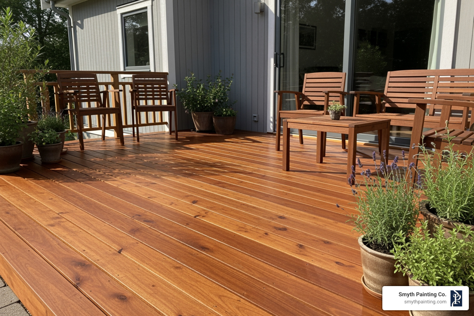 A freshly painted wooden deck, showcasing the rich, natural color and protective finish of an eco-friendly stain. - eco friendly outdoor paint