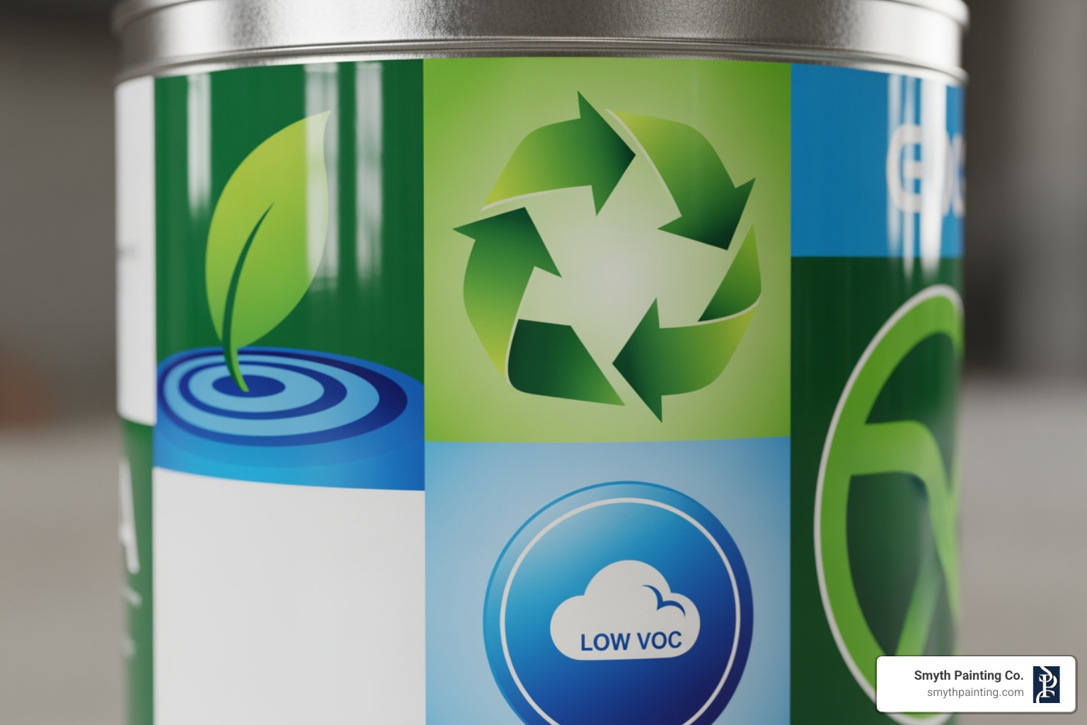 A paint can label clearly displaying 'Zero-VOC' and 'Green Seal' certifications, alongside other eco-friendly claims. - eco friendly outdoor paint