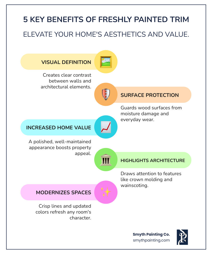 Infographic showing the 5 key benefits of freshly painted trim: 1. Creates visual definition and contrast between walls and architectural elements, 2. Protects wood surfaces from moisture damage and everyday wear, 3. Increases home value with a polished, well-maintained appearance, 4. Highlights architectural features like crown molding and wainscoting, 5. Modernizes spaces with crisp, clean lines and updated color choices - Trim painting service infographic infographic-line-5-steps-colors Infographic showing the 5 key benefits of freshly painted trim: 1. Creates visual definition and contrast between walls and architectural elements, 2. Protects wood surfaces from moisture damage and everyday wear, 3. Increases home value with a polished, well-maintained appearance, 4. Highlights architectural features like crown molding and wainscoting, 5. Modernizes spaces with crisp, clean lines and updated color choices - Trim painting service infographic infographic-line-5-steps-colors