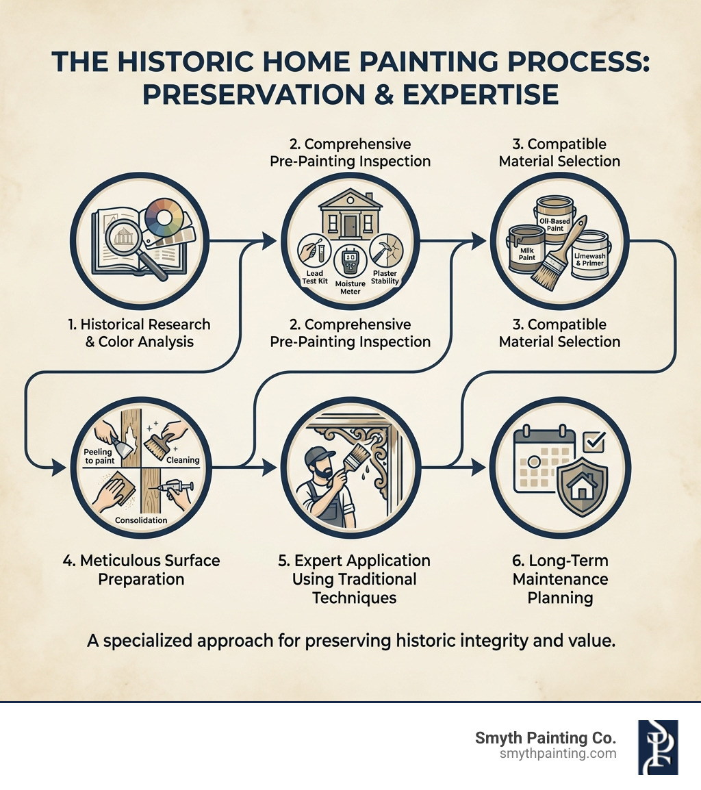 Infographic showing the historic home painting process: 1. Historical Research & Color Analysis, 2. Comprehensive Pre-Painting Inspection (lead testing, rot assessment, plaster stability), 3. Compatible Material Selection (period-appropriate paints, primers, finishes), 4. Meticulous Surface Preparation (cleaning, scraping, feathering, consolidation), 5. Expert Application Using Traditional Techniques, 6. Long-Term Maintenance Planning - Historic home painting infographic Infographic showing the historic home painting process: 1. Historical Research & Color Analysis, 2. Comprehensive Pre-Painting Inspection (lead testing, rot assessment, plaster stability), 3. Compatible Material Selection (period-appropriate paints, primers, finishes), 4. Meticulous Surface Preparation (cleaning, scraping, feathering, consolidation), 5. Expert Application Using Traditional Techniques, 6. Long-Term Maintenance Planning - Historic home painting infographic