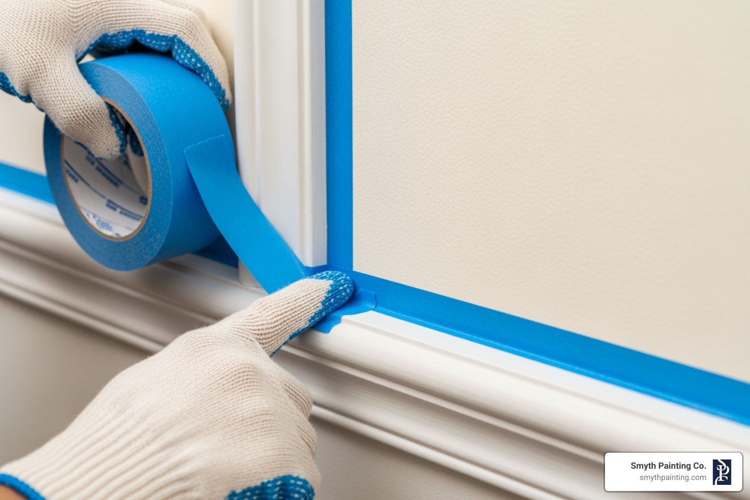 A professional painter carefully taping the edge of a wall along the trim - Trim painting service A professional painter carefully taping the edge of a wall along the trim - Trim painting service