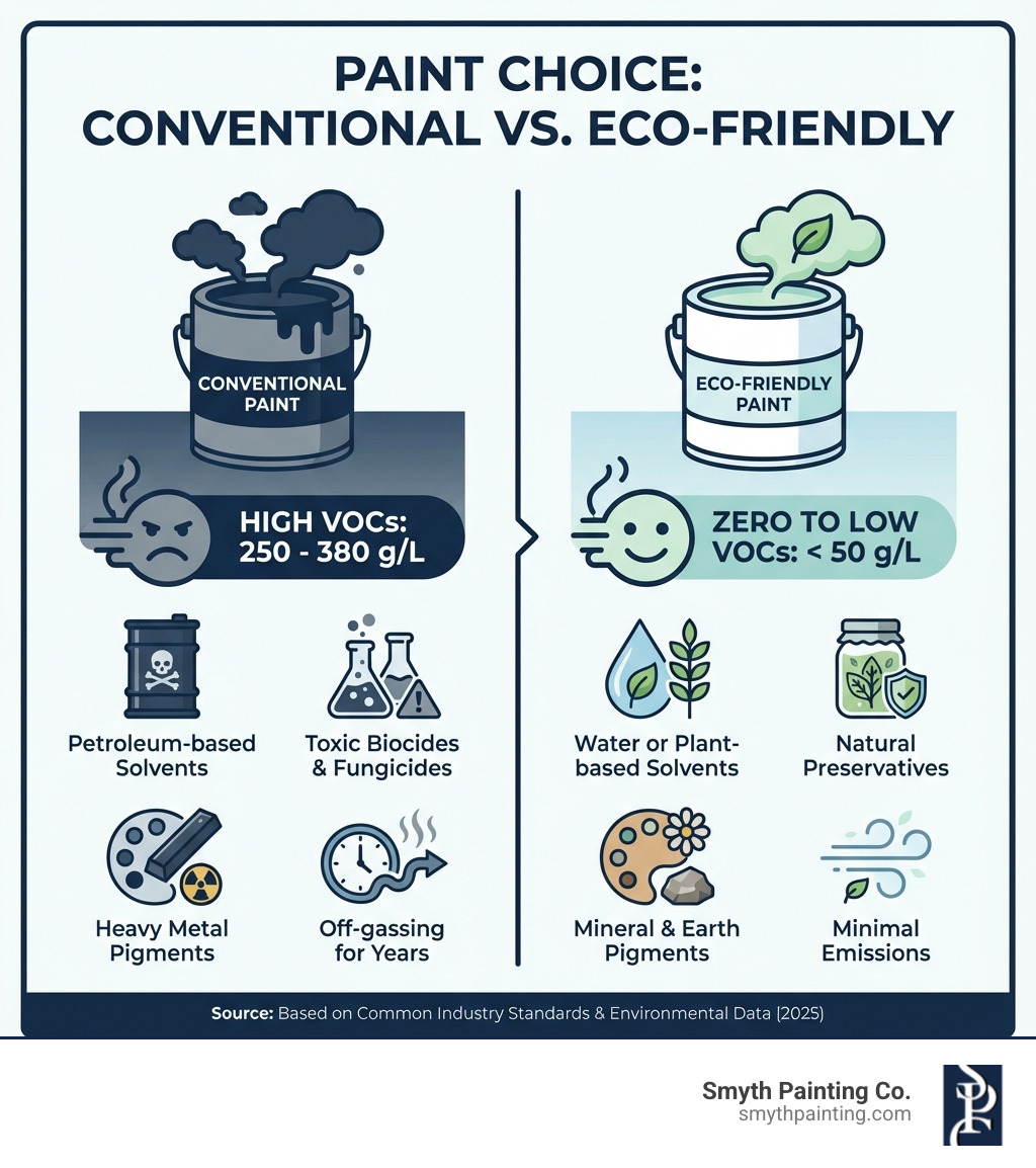 Infographic comparing conventional paint (high VOCs 250-380 g/L, petroleum-based solvents, toxic biocides and fungicides, heavy metal pigments, off-gassing for years) versus eco-friendly paint (zero to low VOCs under 50 g/L, water or plant-based solvents, natural preservatives, mineral and earth pigments, minimal emissions) - eco friendly outdoor paint infographic 