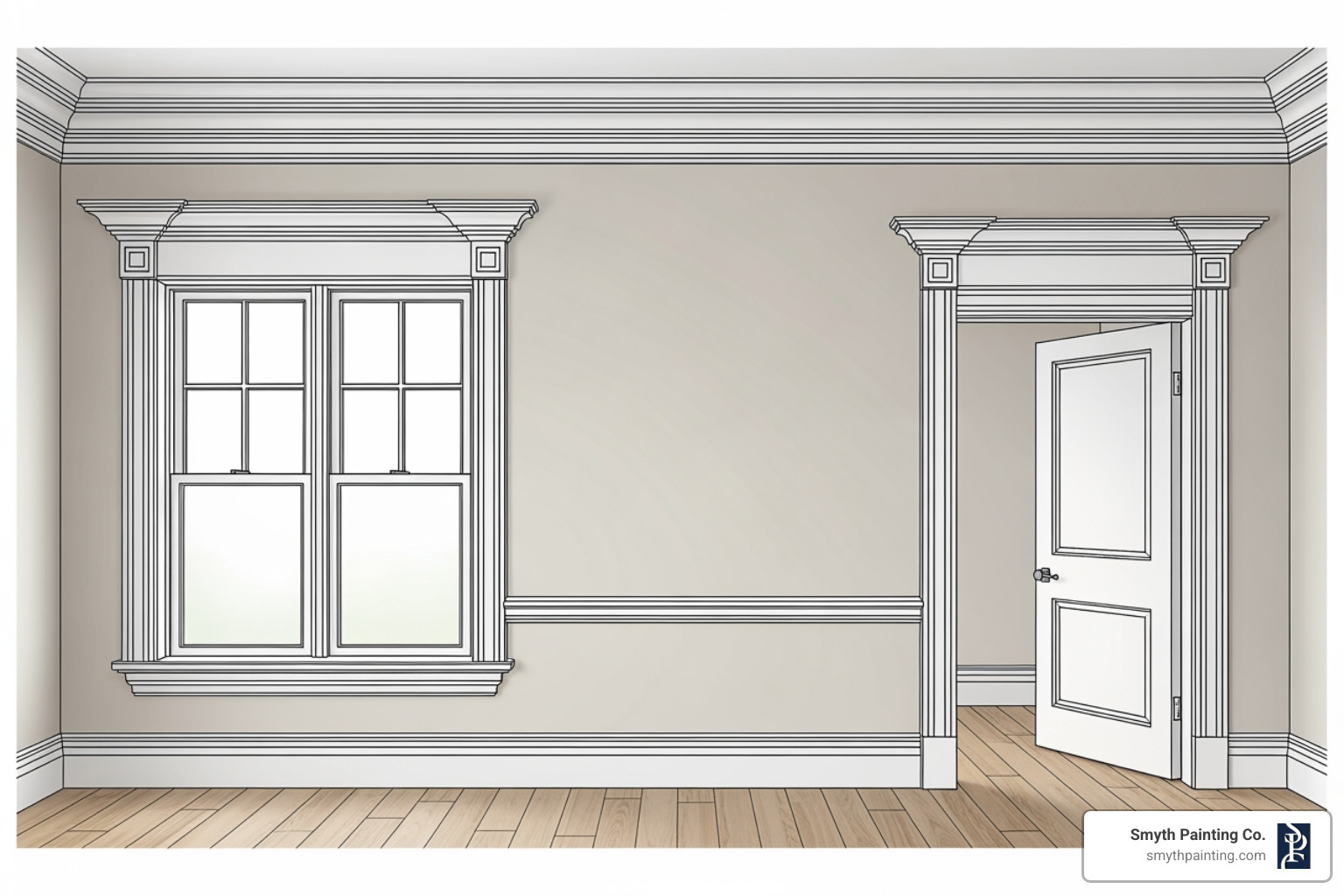 A diagram labeling different types of trim in a room, including crown molding, baseboards, window casing, door casing, and chair rail - Trim painting service A diagram labeling different types of trim in a room, including crown molding, baseboards, window casing, door casing, and chair rail - Trim painting service