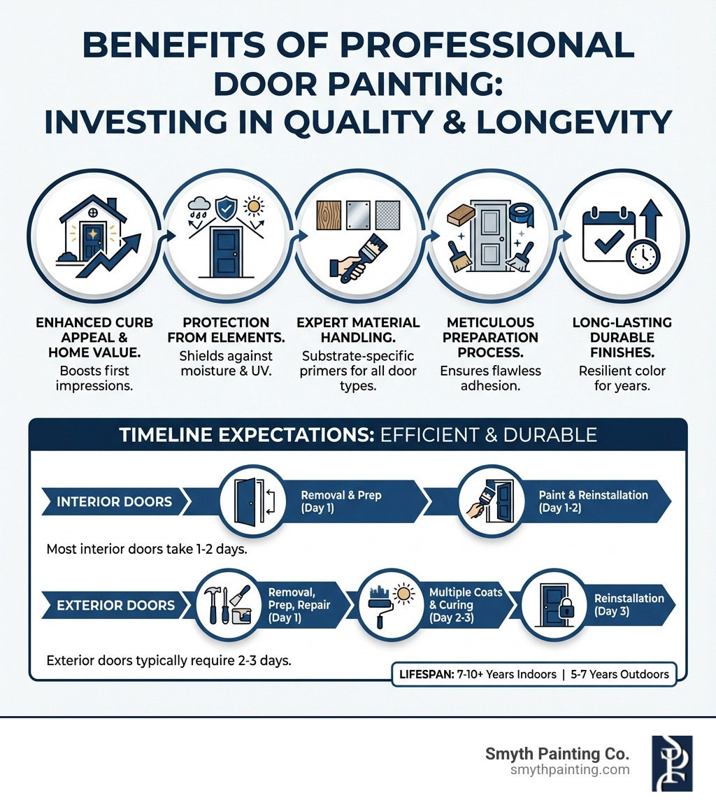 infographic showing benefits of professional door painting including enhanced curb appeal, protection from elements, expert material handling, meticulous preparation process, and long-lasting durable finishes with timeline expectations - Door painting service infographic infographic showing benefits of professional door painting including enhanced curb appeal, protection from elements, expert material handling, meticulous preparation process, and long-lasting durable finishes with timeline expectations - Door painting service infographic
