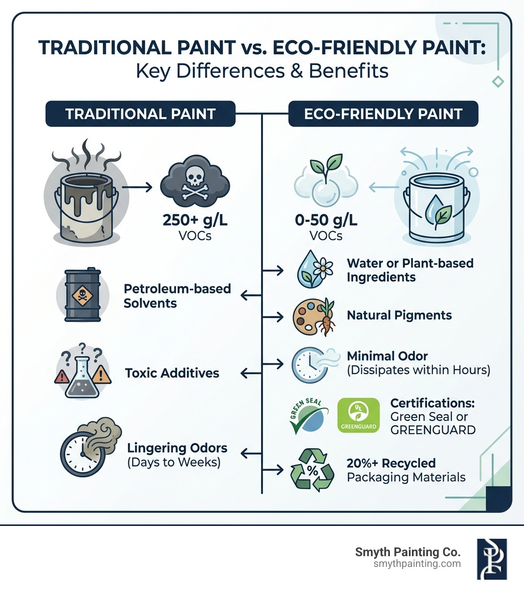 Infographic comparing traditional paint versus eco-friendly paint showing key differences: Traditional paint contains 250+ g/L VOCs, petroleum-based solvents, toxic additives, and produces lingering odors lasting days to weeks; Eco-friendly paint contains 0-50 g/L VOCs, water-based or plant-based ingredients, natural pigments, minimal odor dissipating within hours, certifications from Green Seal or GREENGUARD, and 20%+ recycled packaging materials - Eco-friendly paint options infographic Infographic comparing traditional paint versus eco-friendly paint showing key differences: Traditional paint contains 250+ g/L VOCs, petroleum-based solvents, toxic additives, and produces lingering odors lasting days to weeks; Eco-friendly paint contains 0-50 g/L VOCs, water-based or plant-based ingredients, natural pigments, minimal odor dissipating within hours, certifications from Green Seal or GREENGUARD, and 20%+ recycled packaging materials - Eco-friendly paint options infographic