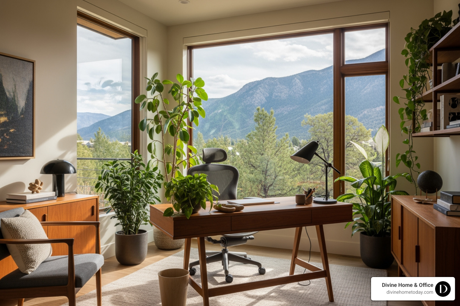 Luxury Colorado home office corner flooded with natural light from large windows, featuring several lush indoor plants, natural wood textures in furniture and decor, a clean Mid-Century Modern aesthetic, and a serene, inviting atmosphere, no ornate elements - modern office design Luxury Colorado home office corner flooded with natural light from large windows, featuring several lush indoor plants, natural wood textures in furniture and decor, a clean Mid-Century Modern aesthetic, and a serene, inviting atmosphere, no ornate elements - modern office design