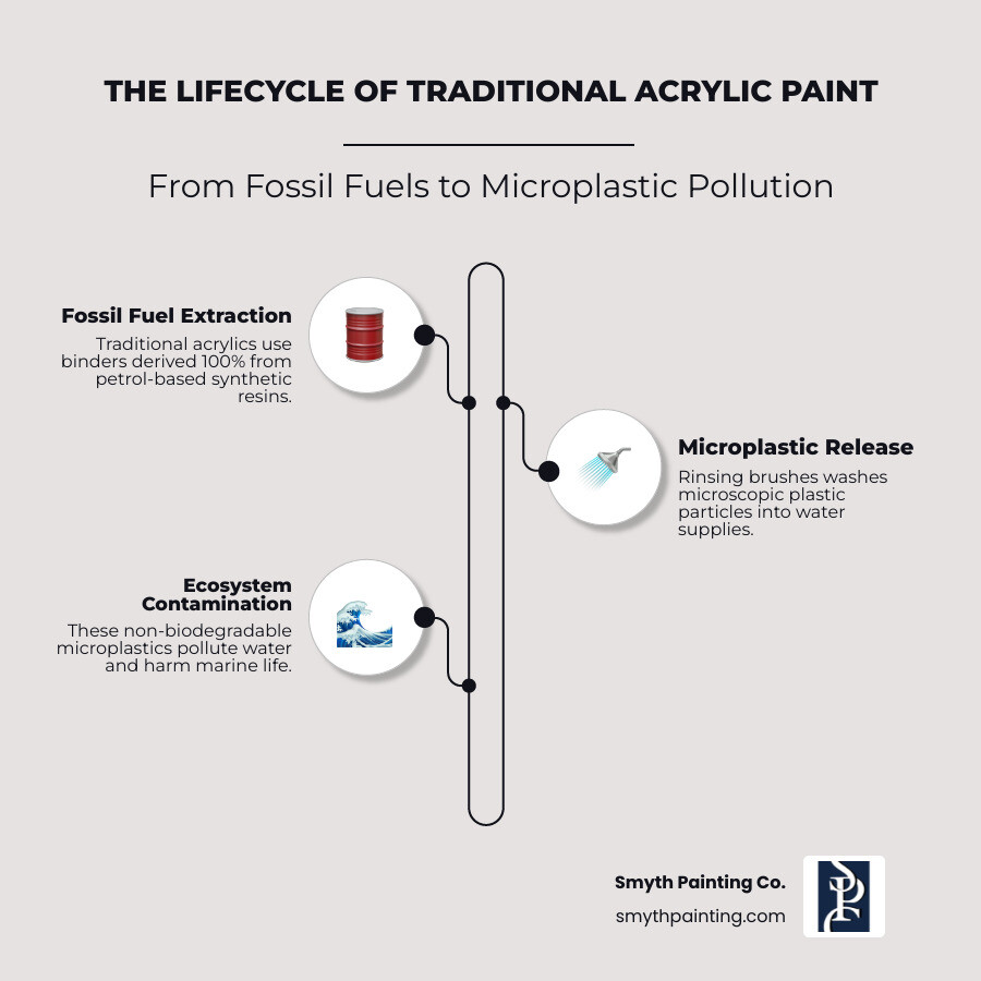 Infographic showing the lifecycle of traditional acrylic paint from fossil fuel to microplastic pollution - environmentally friendly acrylic paint infographic infographic-line-3-steps-elegant_beige