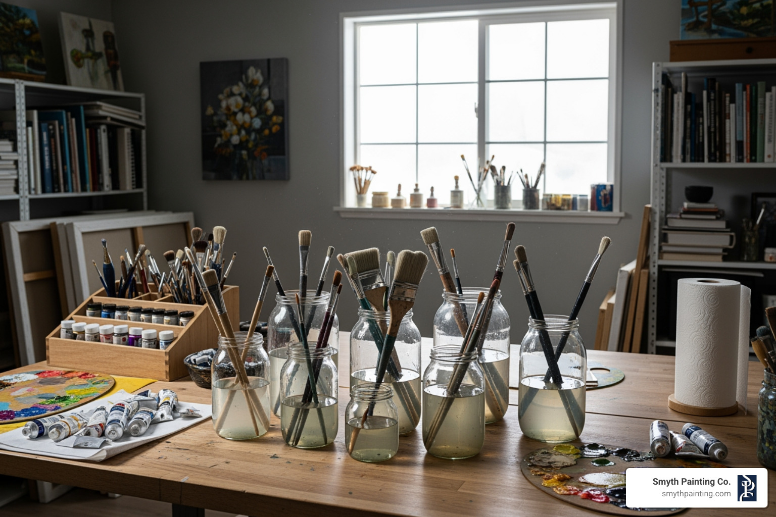 an organized artist's studio with jars for cleaning brushes - environmentally friendly acrylic paint