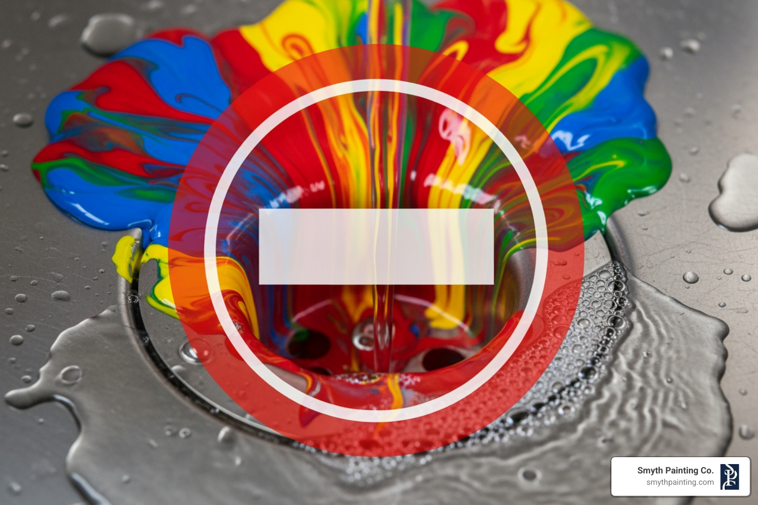 paint being washed down a sink drain with a "stop" symbol over it - environmentally friendly acrylic paint