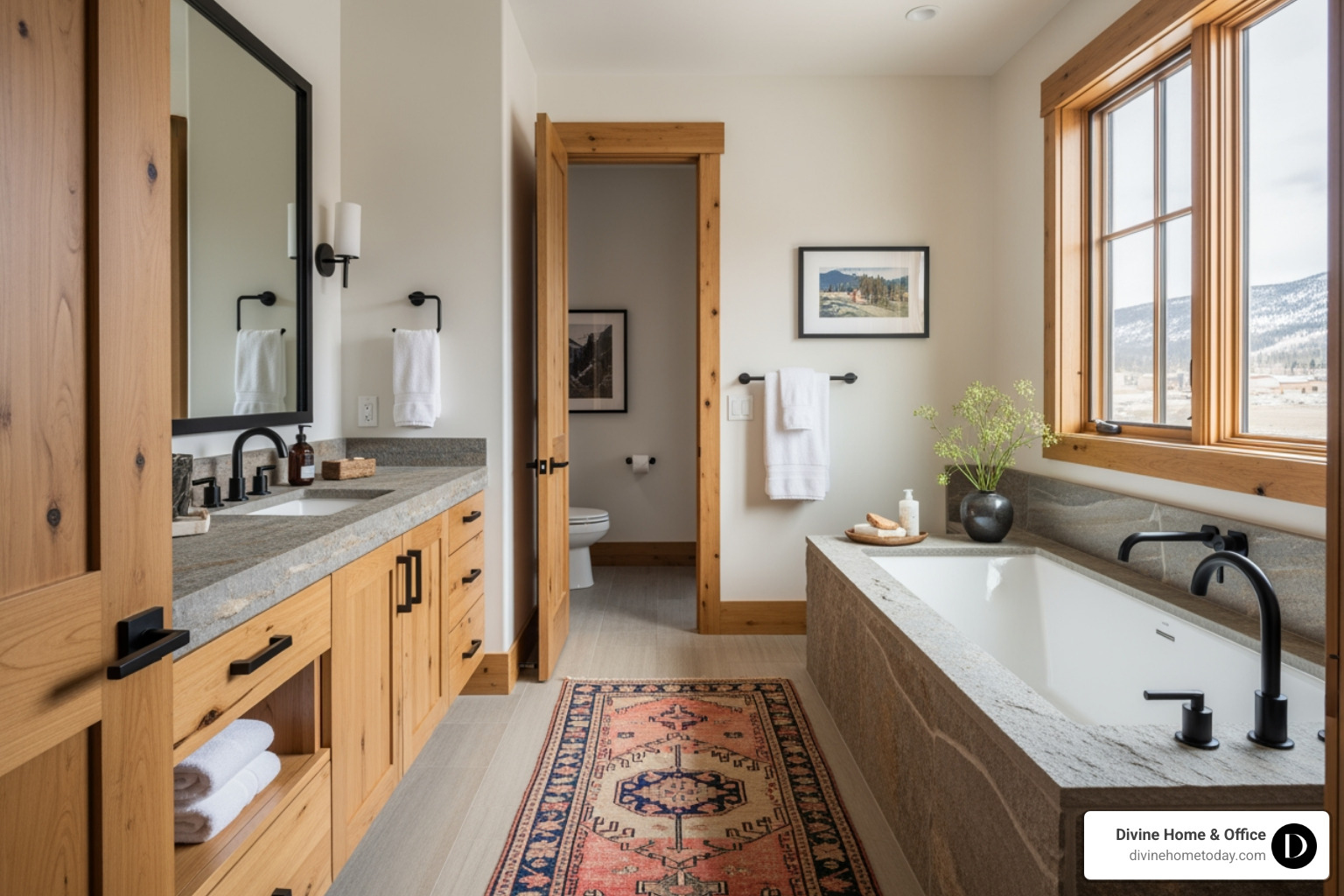 bathroom with a neutral color scheme and a vintage rug for a pop of color - timeless bathroom design bathroom with a neutral color scheme and a vintage rug for a pop of color - timeless bathroom design