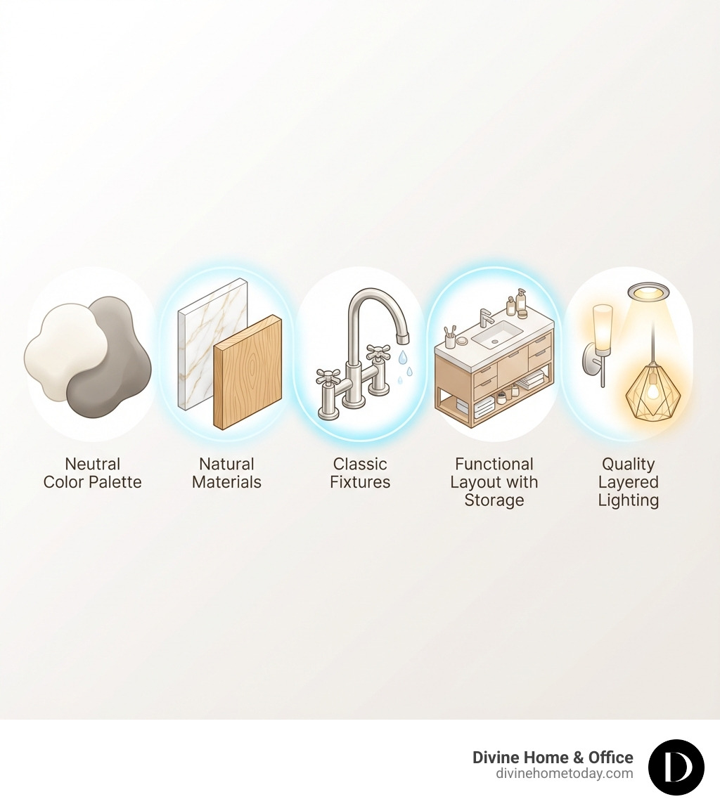 infographic showing five key elements of timeless bathroom design: neutral color palette with examples of soft whites and warm grays, natural materials including marble and wood, classic fixtures like polished nickel faucets, functional layout with storage solutions, and quality layered lighting - timeless bathroom design infographic infographic showing five key elements of timeless bathroom design: neutral color palette with examples of soft whites and warm grays, natural materials including marble and wood, classic fixtures like polished nickel faucets, functional layout with storage solutions, and quality layered lighting - timeless bathroom design infographic
