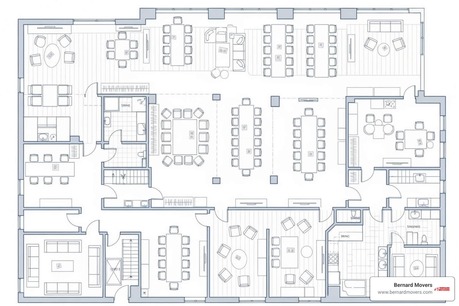 detailed office floor plan with furniture placement - office moving checklist