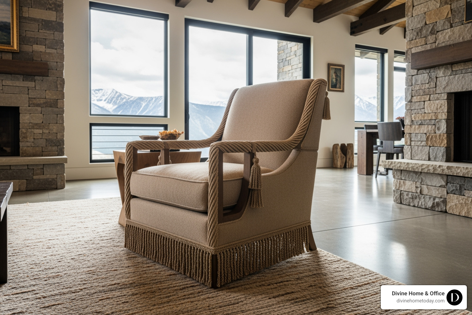 Custom upholstered chair showing detailed cording and fringe - 2026 design trend Custom upholstered chair showing detailed cording and fringe - 2026 design trend