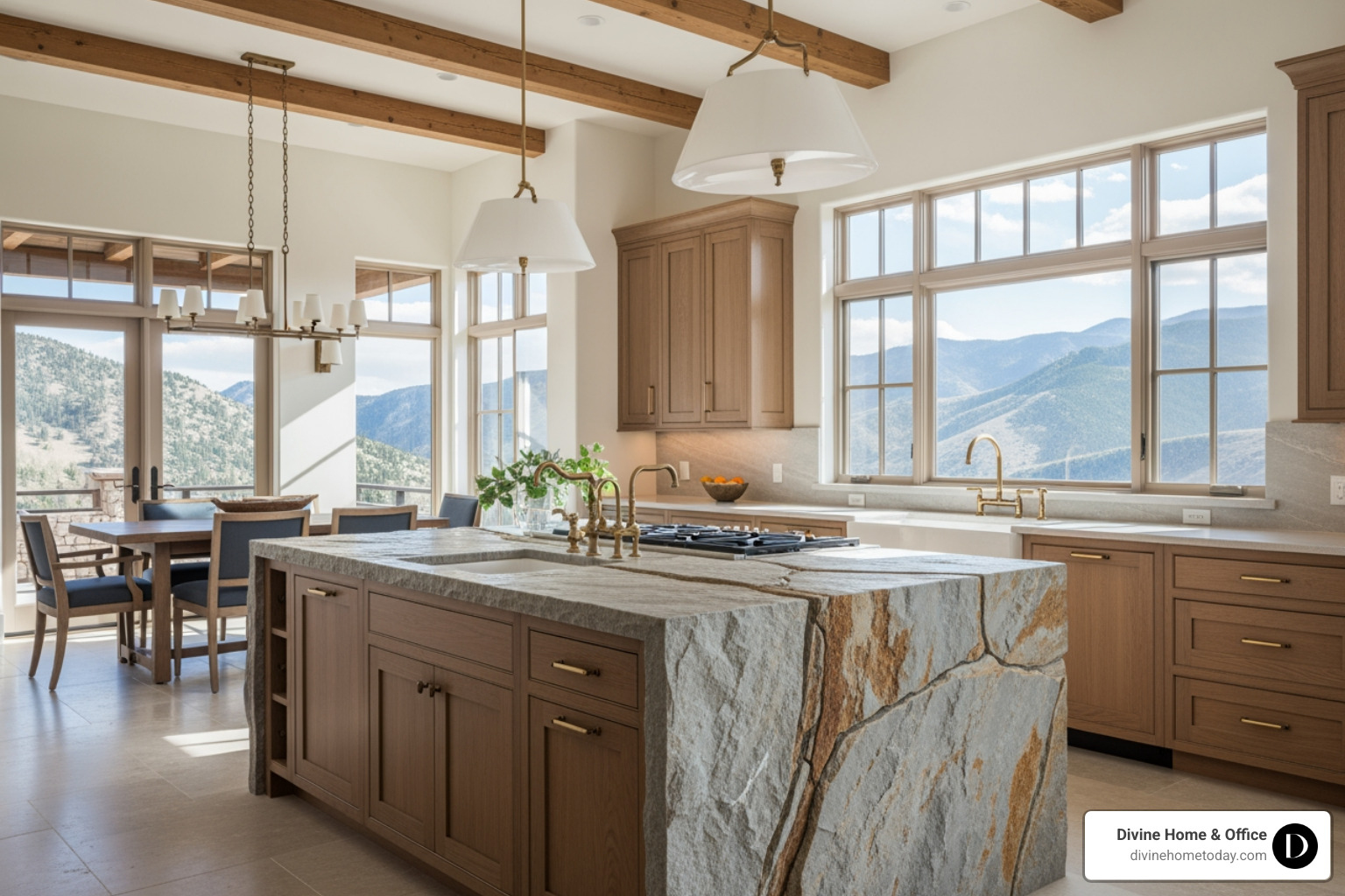 High-end modern mountain kitchen with a statement natural stone island and stained wood cabinetry - 2026 design trend High-end modern mountain kitchen with a statement natural stone island and stained wood cabinetry - 2026 design trend