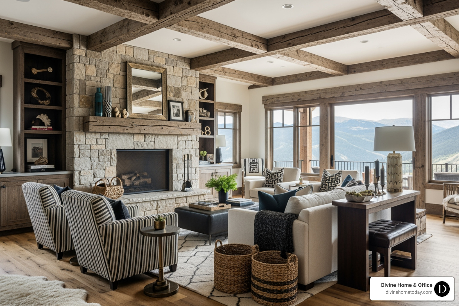 Luxury Colorado mountain home living room with Art Deco-inspired furniture, featuring geometric patterns and brass accents - 2026 design trend Luxury Colorado mountain home living room with Art Deco-inspired furniture, featuring geometric patterns and brass accents - 2026 design trend